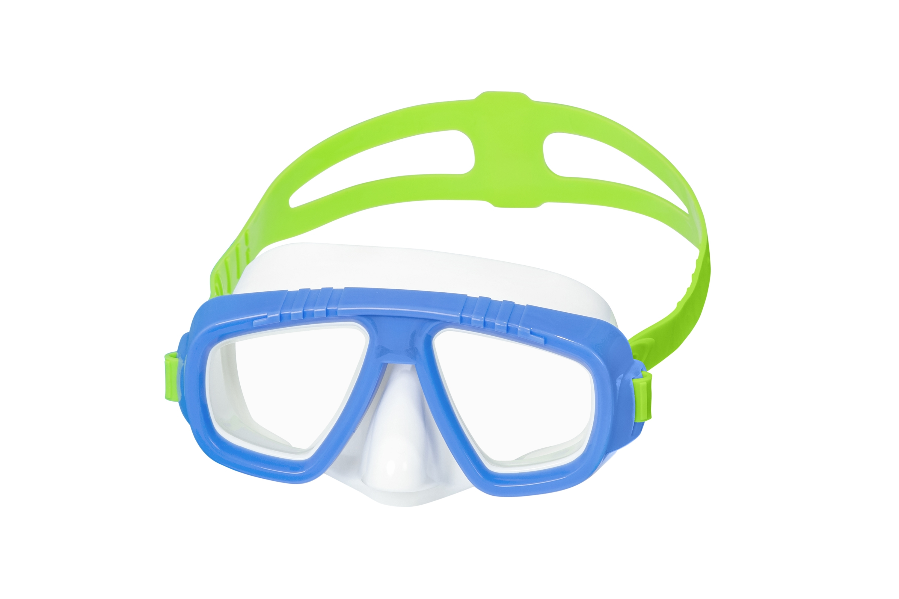 Una maschera subacquea blu e bianca con cinturino verde. Ha due lenti trasparenti.
