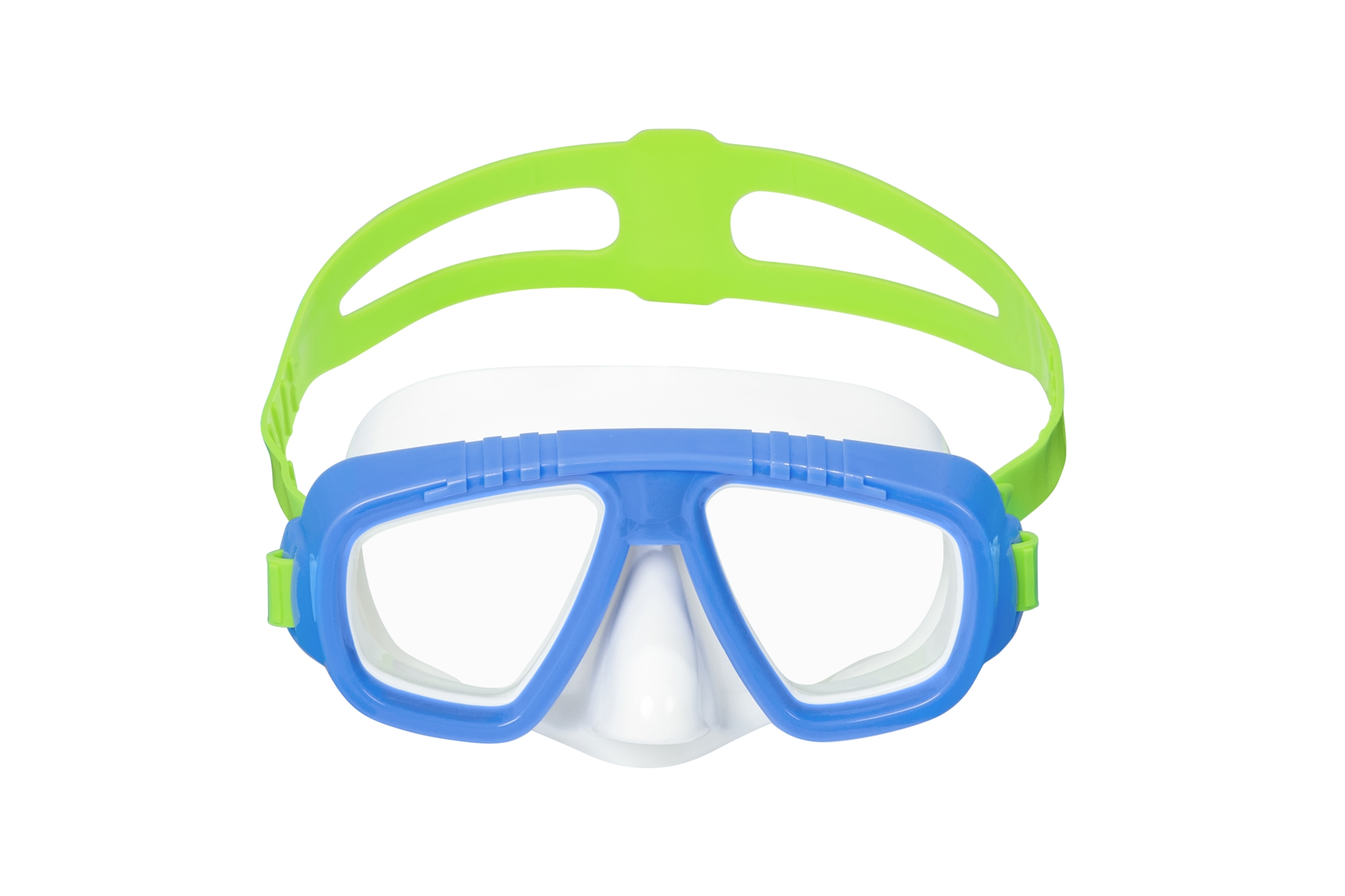 Una maschera da nuoto blu, bianca e verde. È una maschera a lente singola.