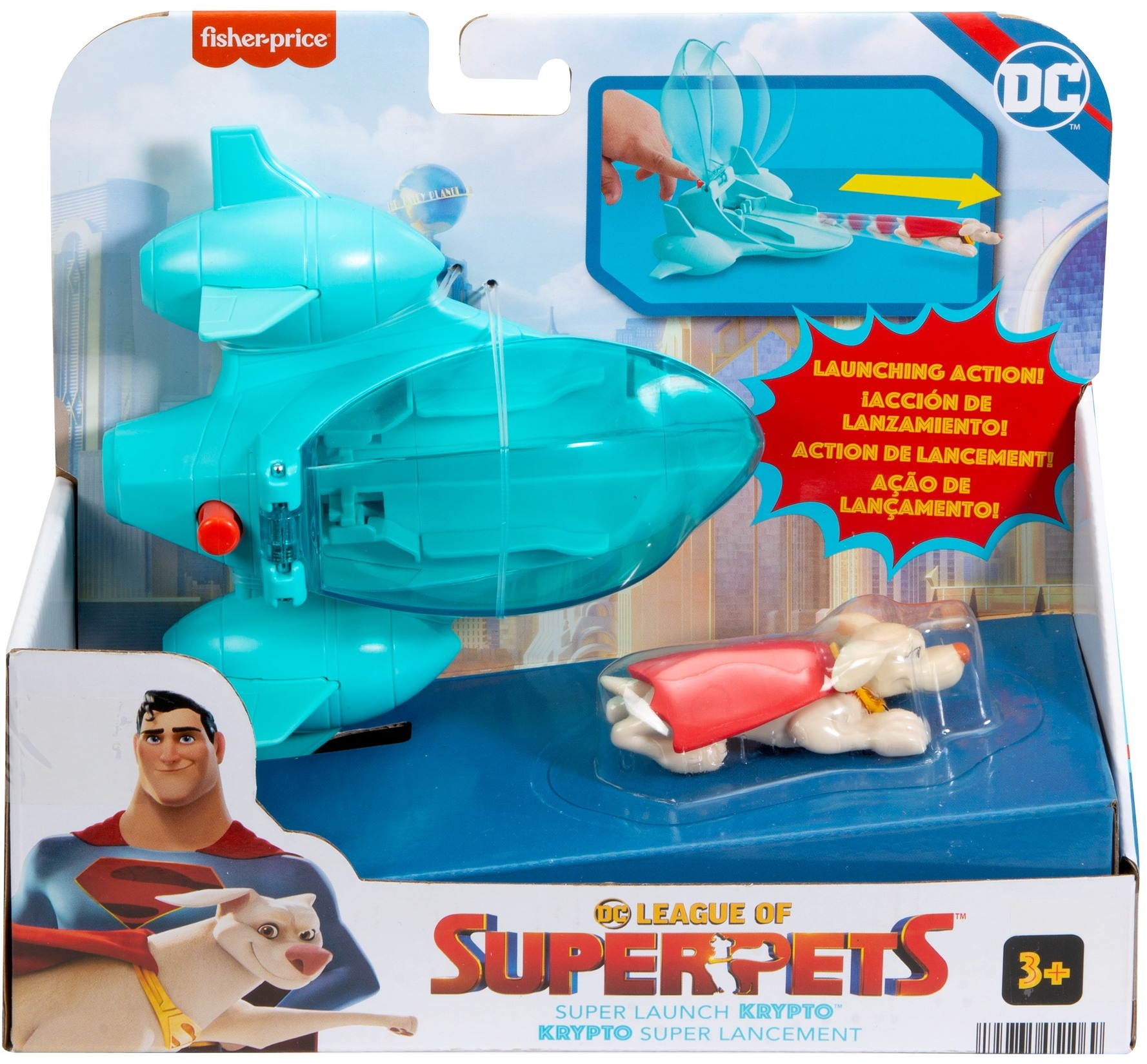 Zestaw zabawek z niebieskim statkiem kosmicznym, psem Supermana w czerwonej pelerynie i pudełkiem.