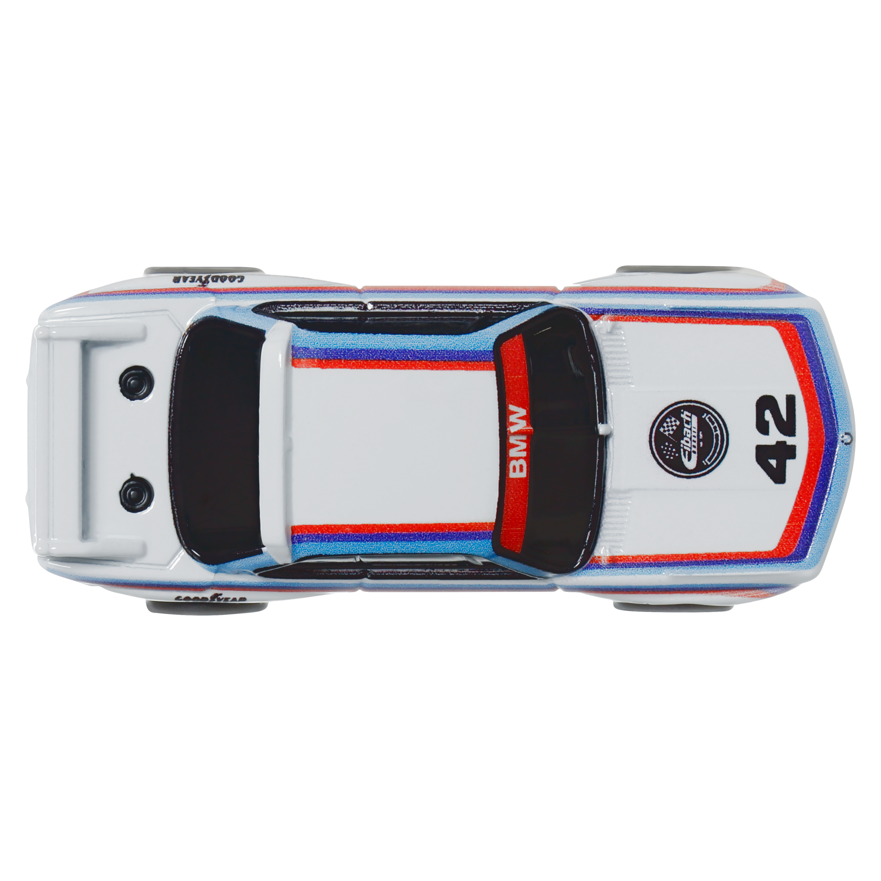 Ein weißer Sportwagen mit blauen und roten Streifen und der Nummer 42 an der Seite. Das Wort BMW ist sichtbar.