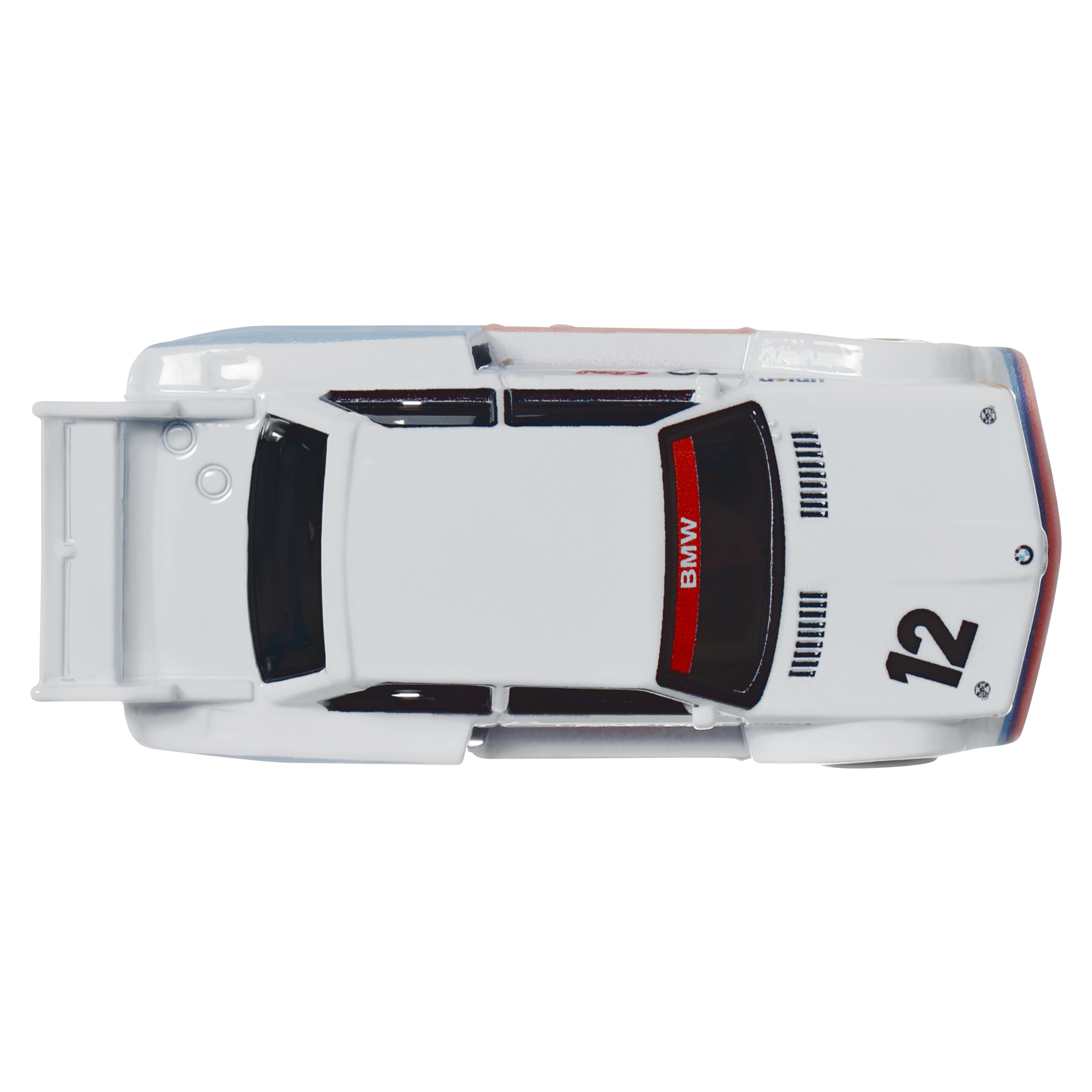 Weißes Spielzeugauto mit roten und schwarzen Akzenten. Schwarze Nummer 12 an der Seite. BMW-Logo oben.
