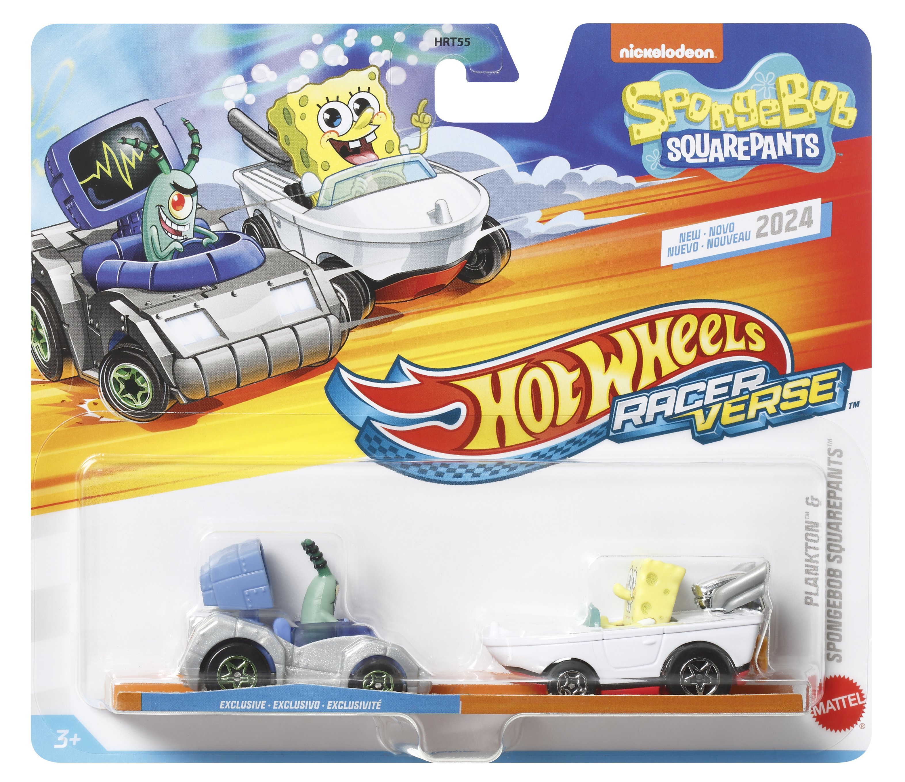 Set di macchinine di Spongebob. Due auto su un blister. Colori bianco e blu. Sfondo bianco.