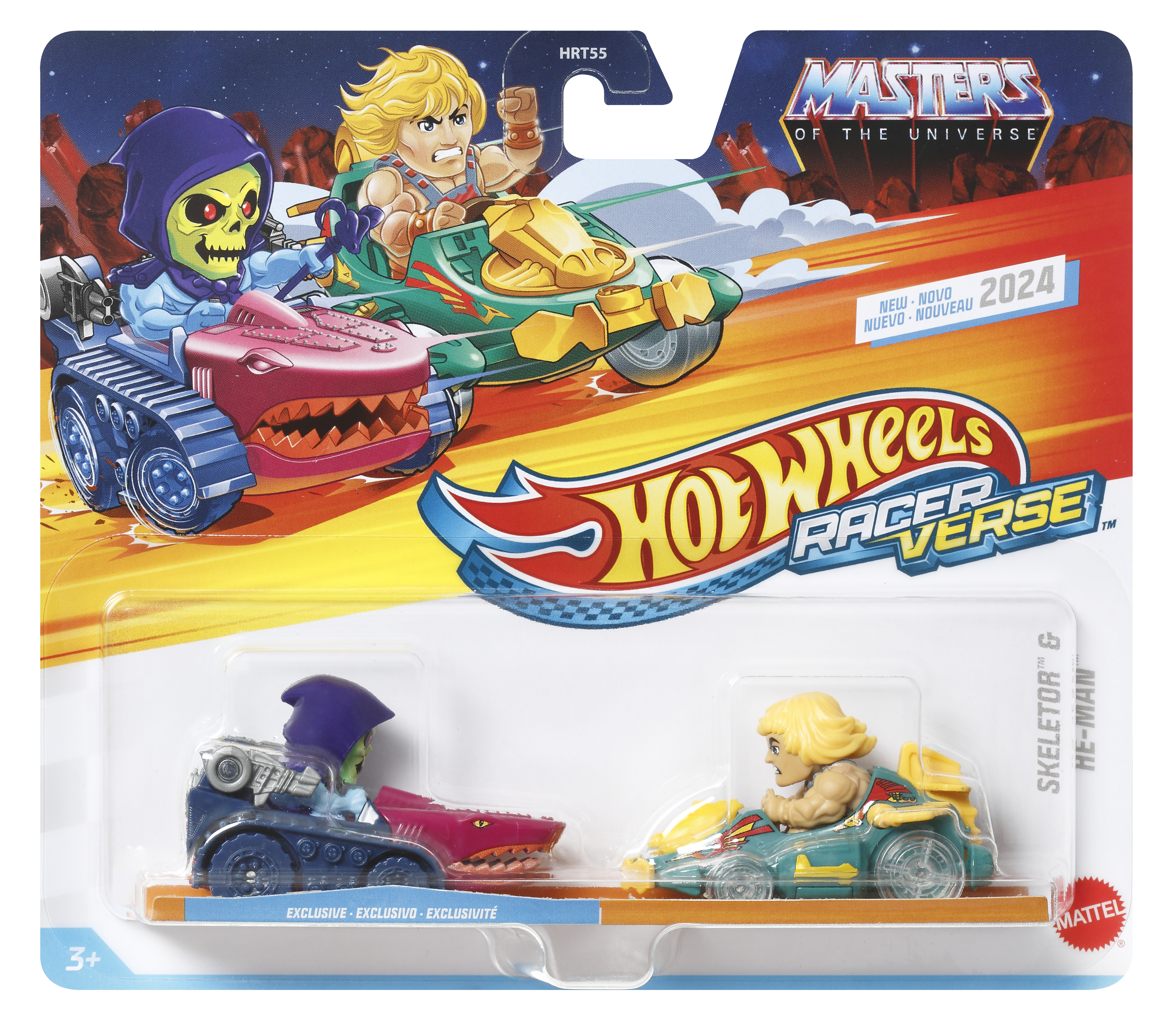 Macchinine Hot Wheels Racer Verse con Skeletor e He-Man nei veicoli.