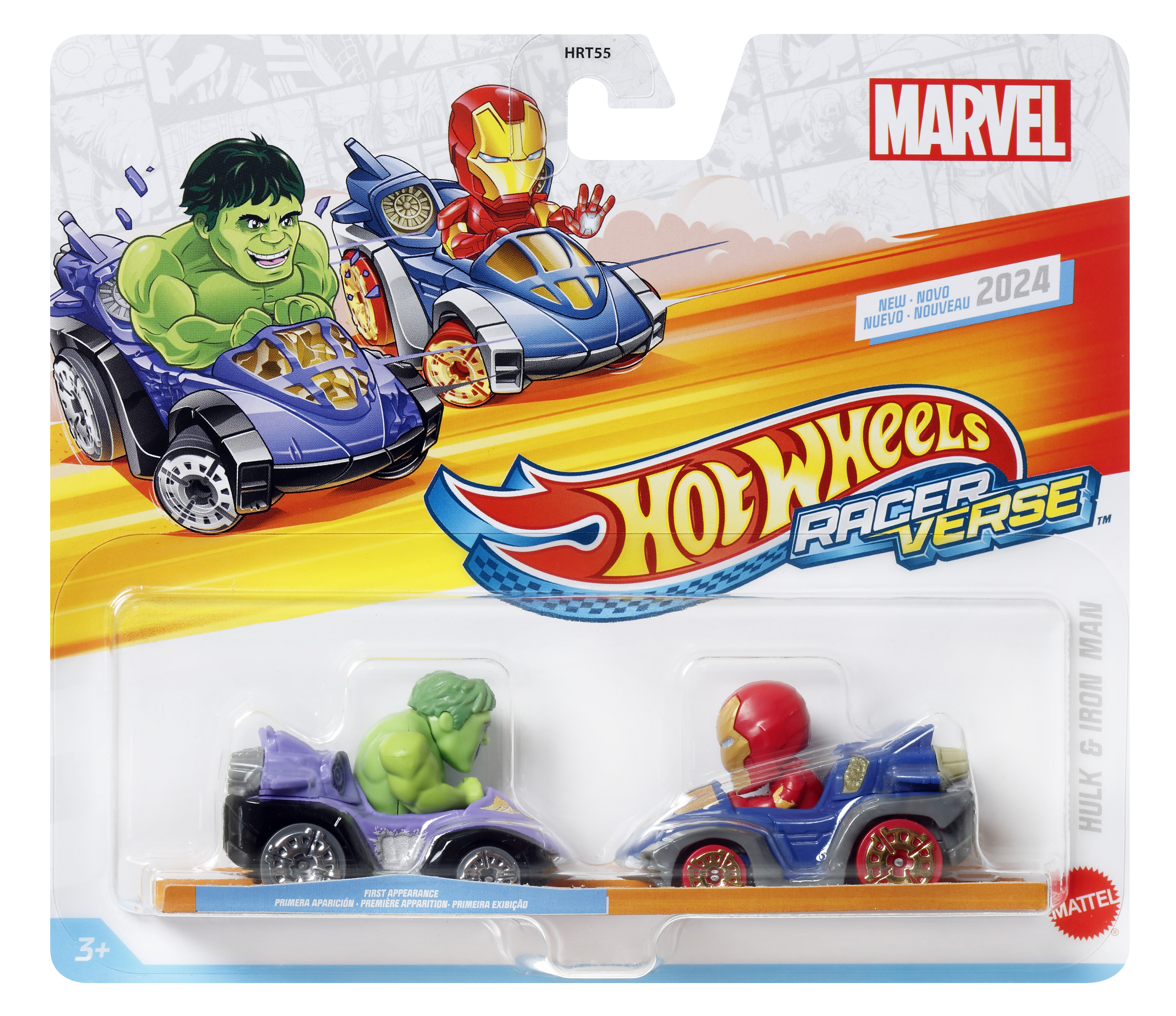 Macchinine Hot Wheels Marvel Racer Verse. La confezione mostra le auto di Hulk e Iron Man in una custodia di plastica trasparente.