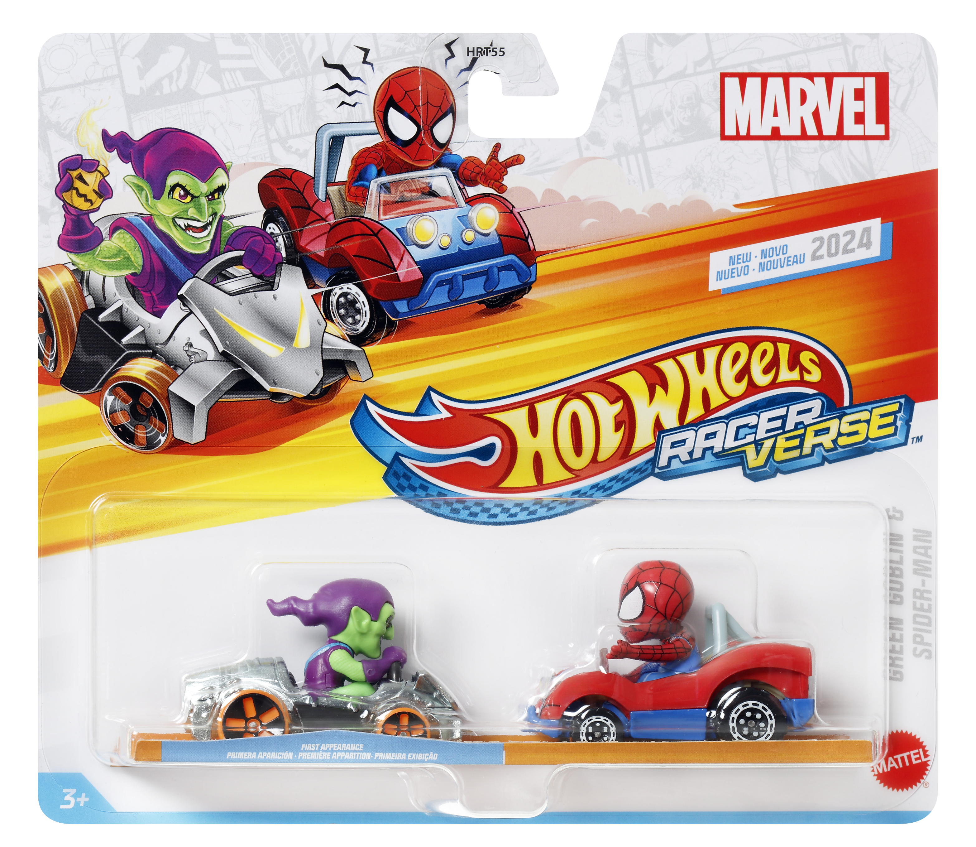 Macchinine Hot Wheels con Goblin e Spider-Man. Su una carta con logo Marvel.