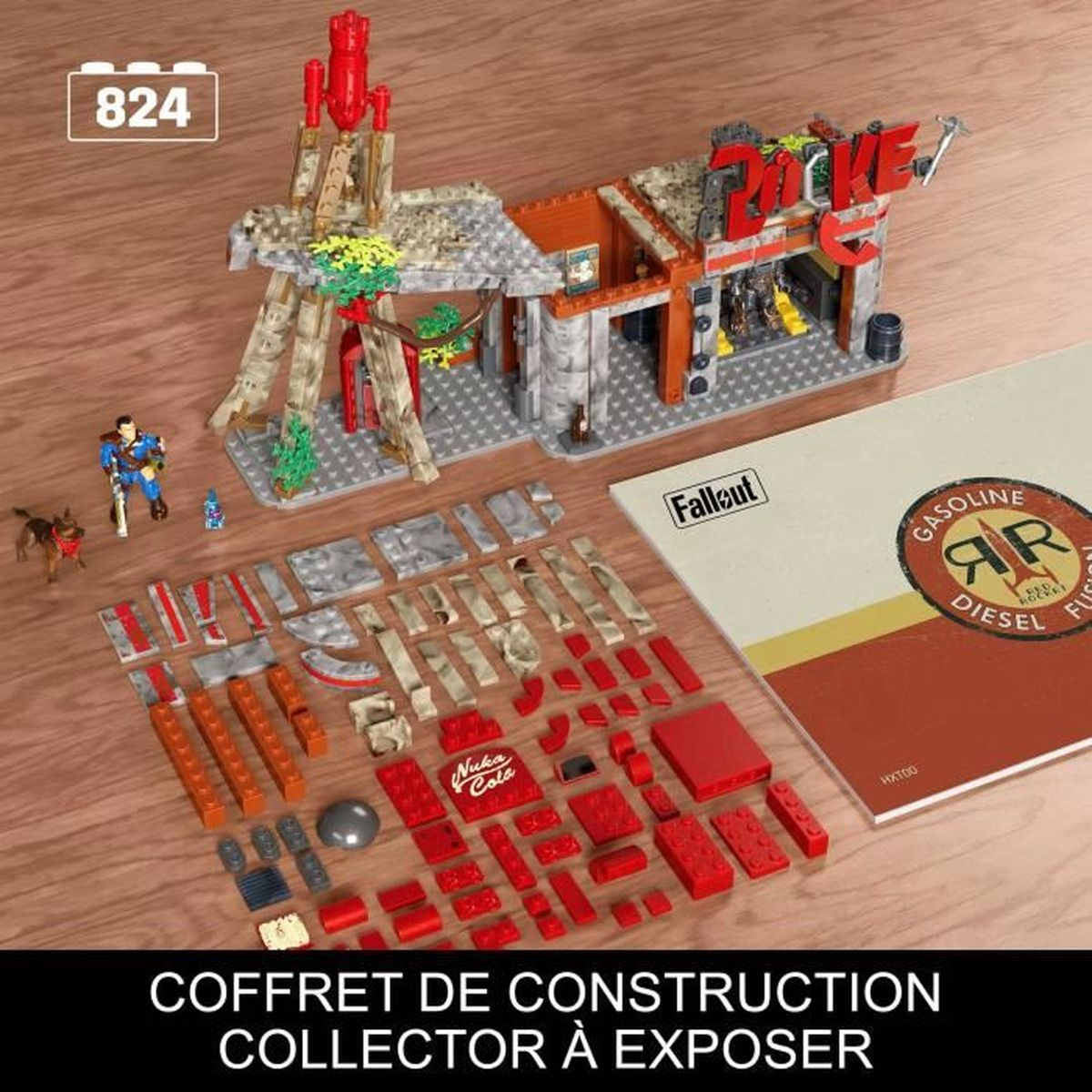 Un set di costruzione a tema Fallout, con figure e pezzi su una superficie di legno.