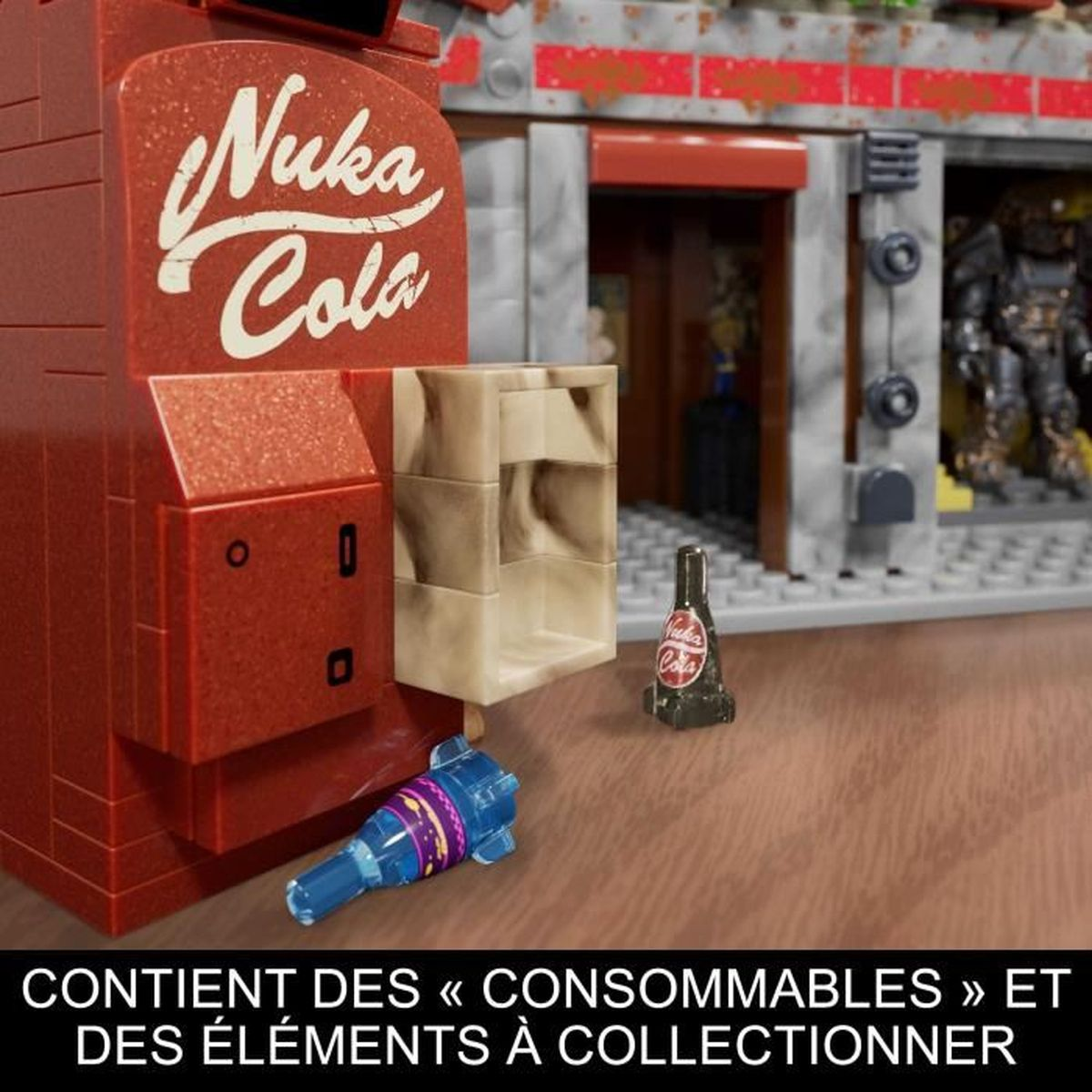 Un set di costruzioni a tema Fallout Nuka-Cola con bottiglie di Nuka-Cola e una figura in miniatura.