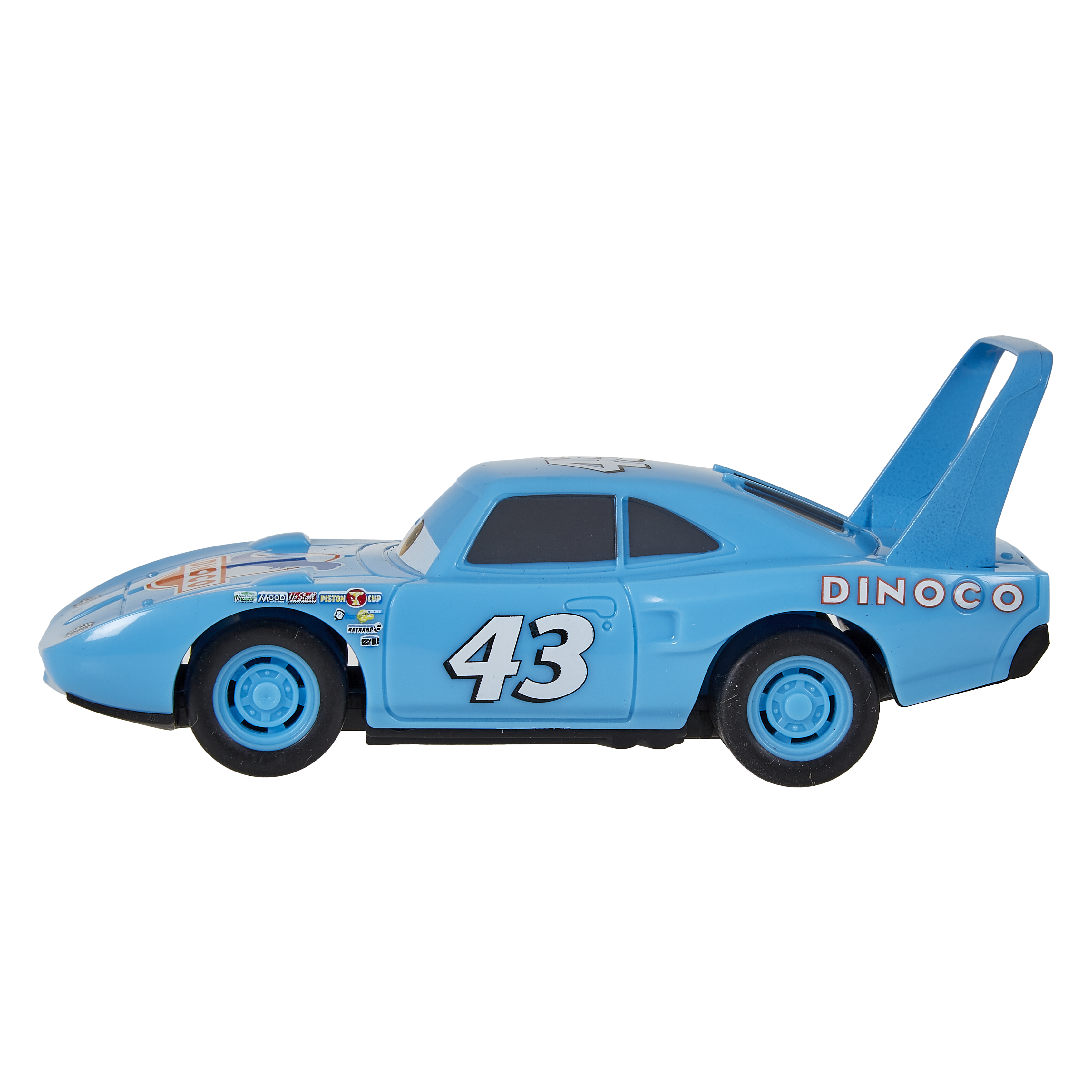 Blaues Spielzeugauto mit der Nummer 43 und Dinoco-Logo. Cars-Filmfigur. Isoliert.
