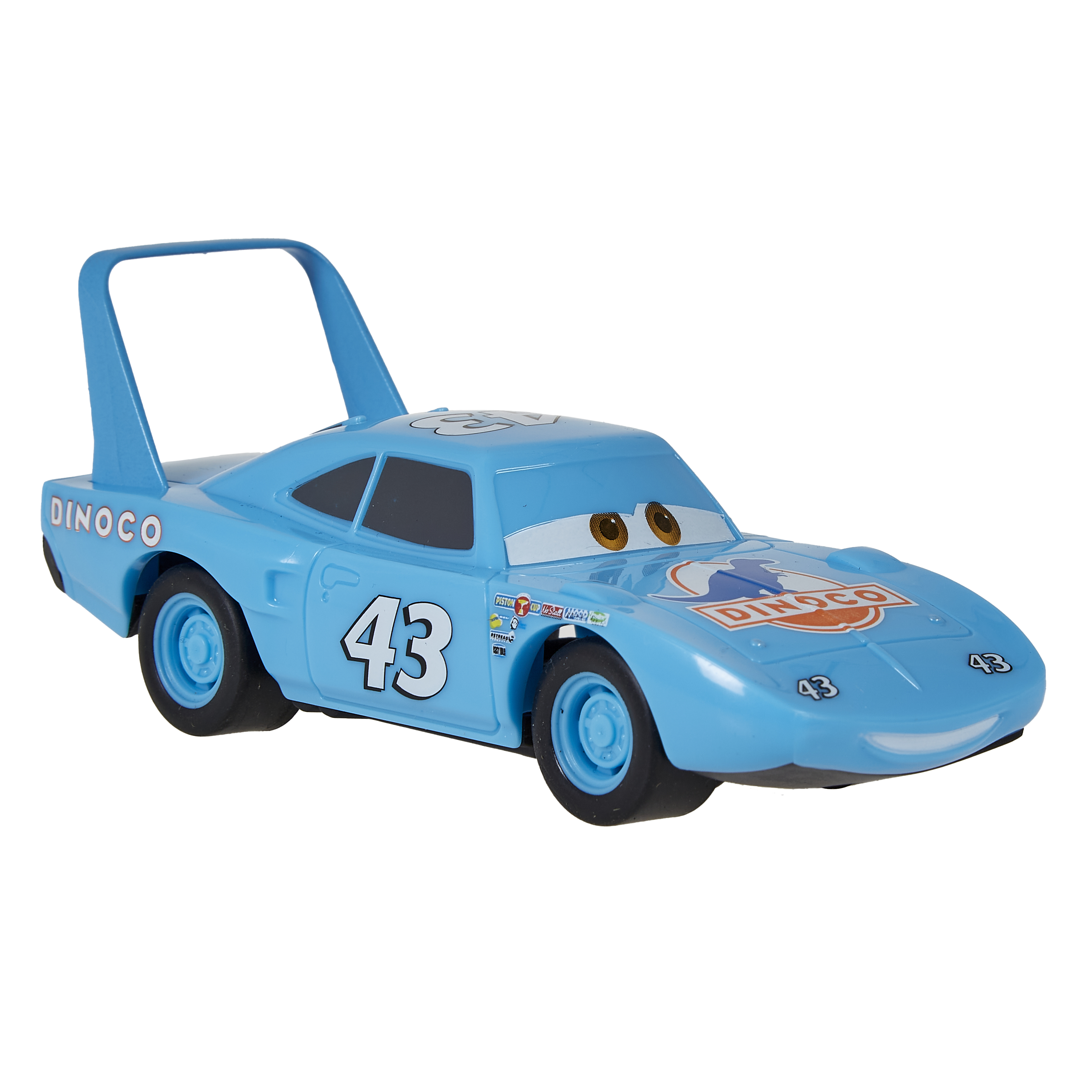 Ein hellblaues Spielzeugauto mit der Nummer 43 an der Seite und dem Wort Dinoco darauf.