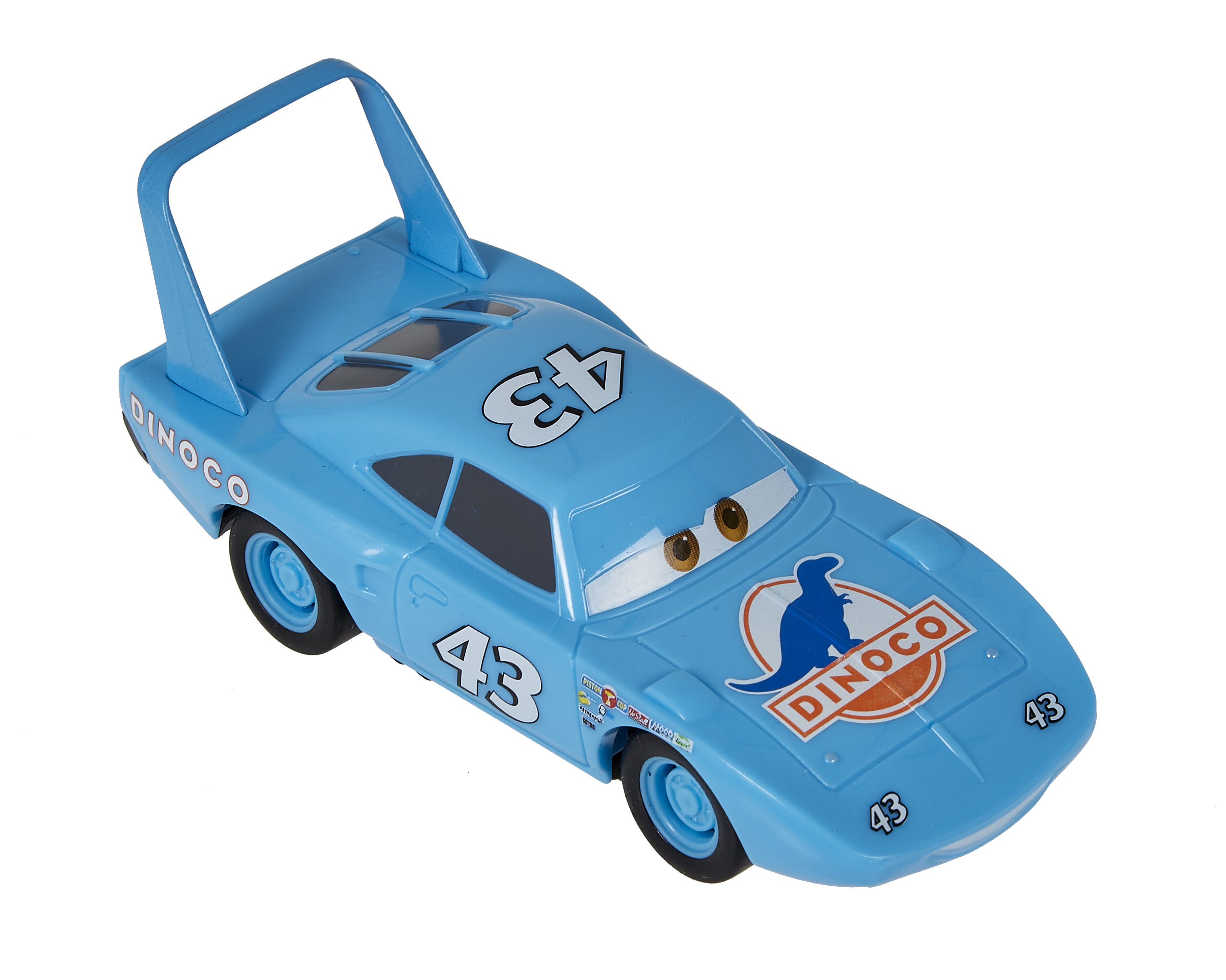 Blaues Lightning McQueen Spielzeugauto mit der Nummer 43 und dem Wort Dinoco auf der Motorhaube.
