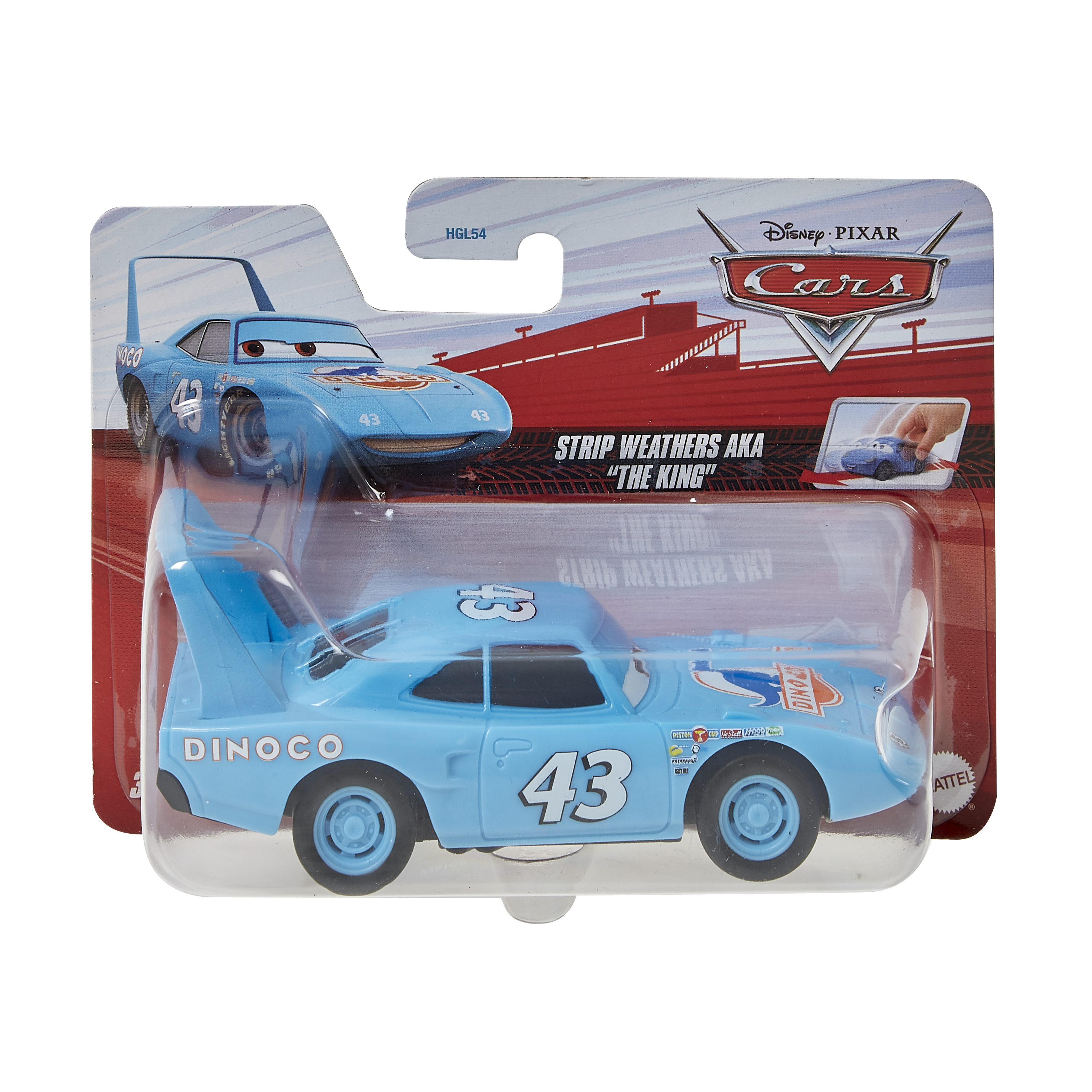 Hellblaues Spielzeugauto in der Verpackung. Es hat die Nummer 43 und ein Bild des Autos.