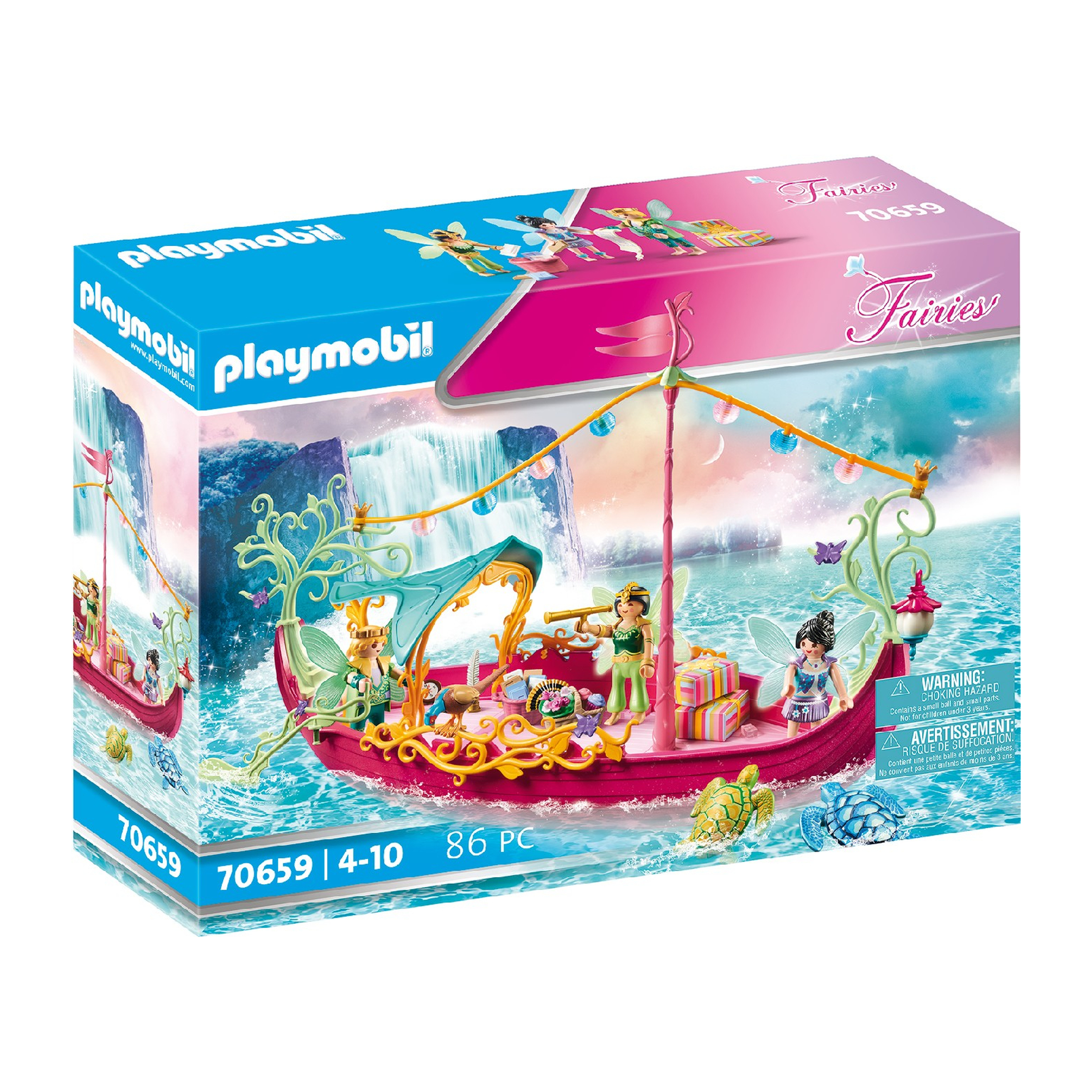 Set barca delle fate Playmobil con fate, regali e uno sfondo di cascata.