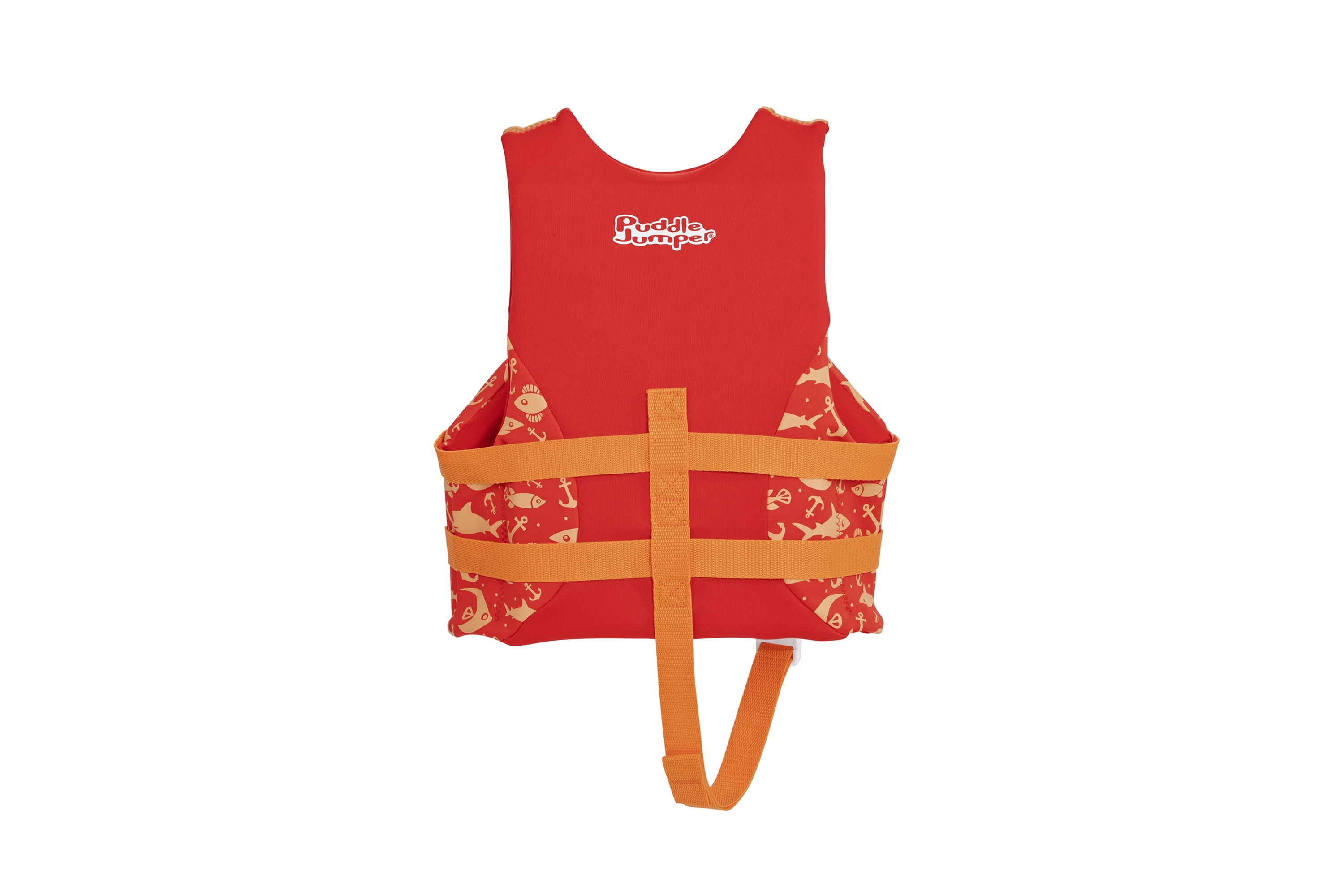 Gilet di salvataggio rosso con cinghie arancioni e motivo a pesci. È progettato per bambini.