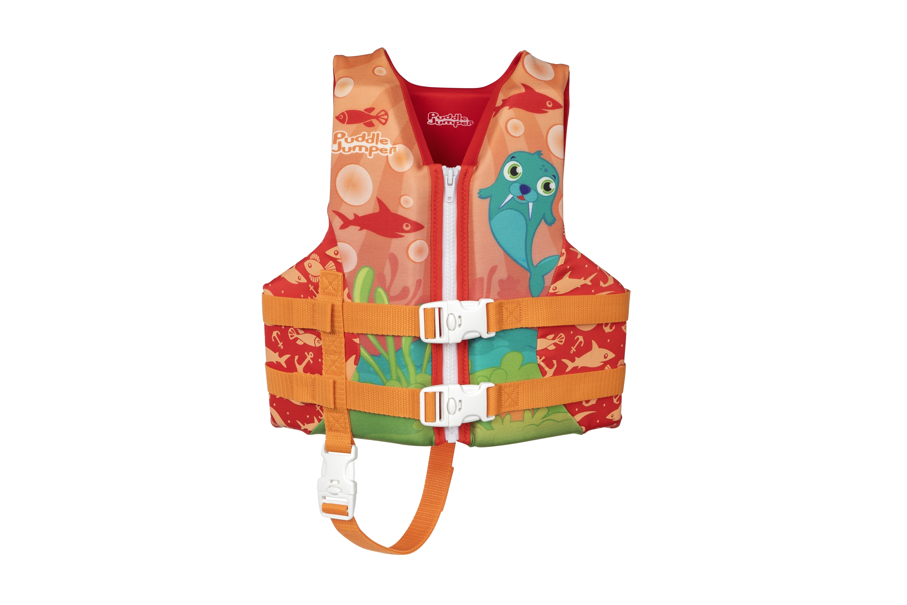 Gilet arancione con grafiche di un tricheco e pesci.