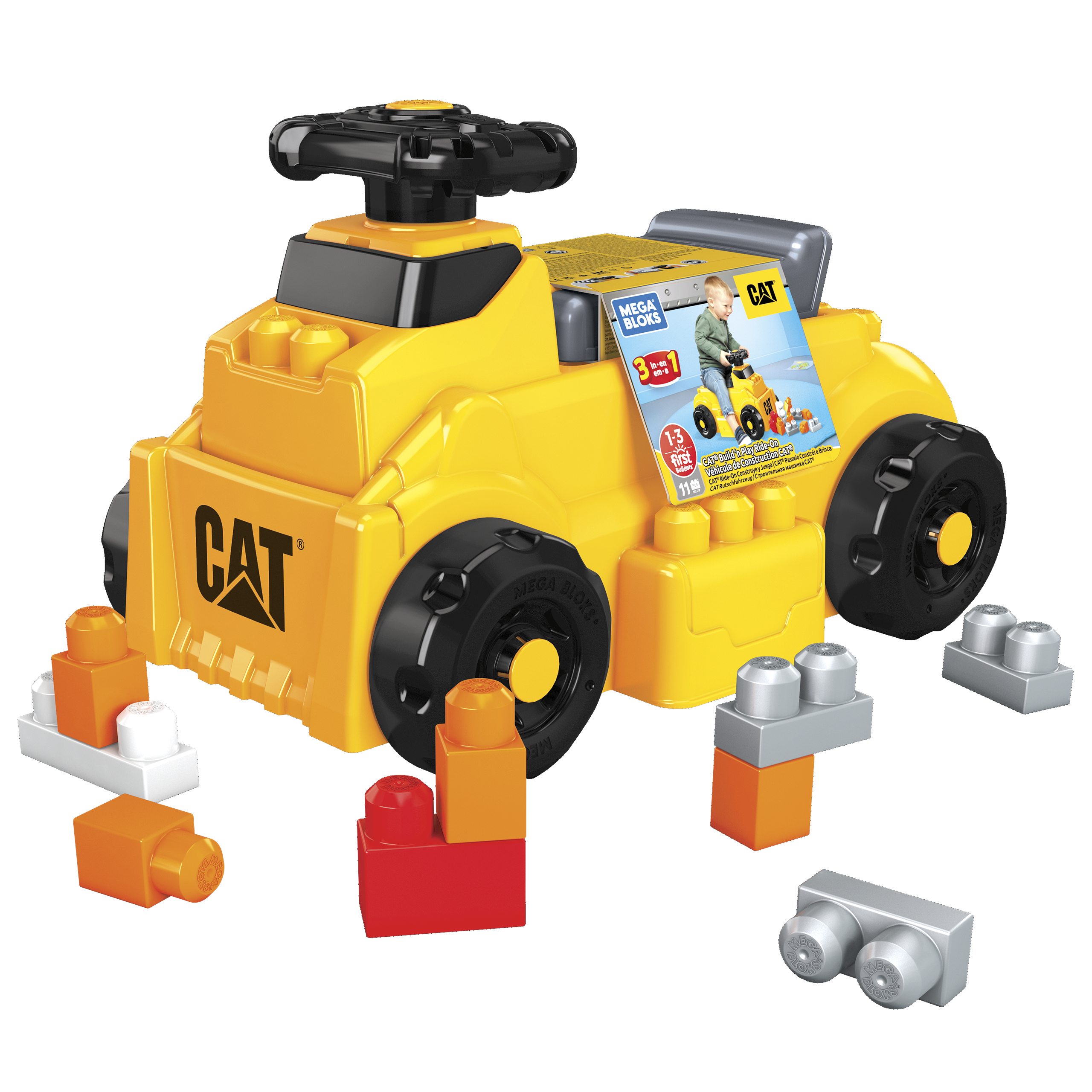 Auto giocattolo CAT giallo con grandi ruote nere, blocchi e seggiolino per bambini.