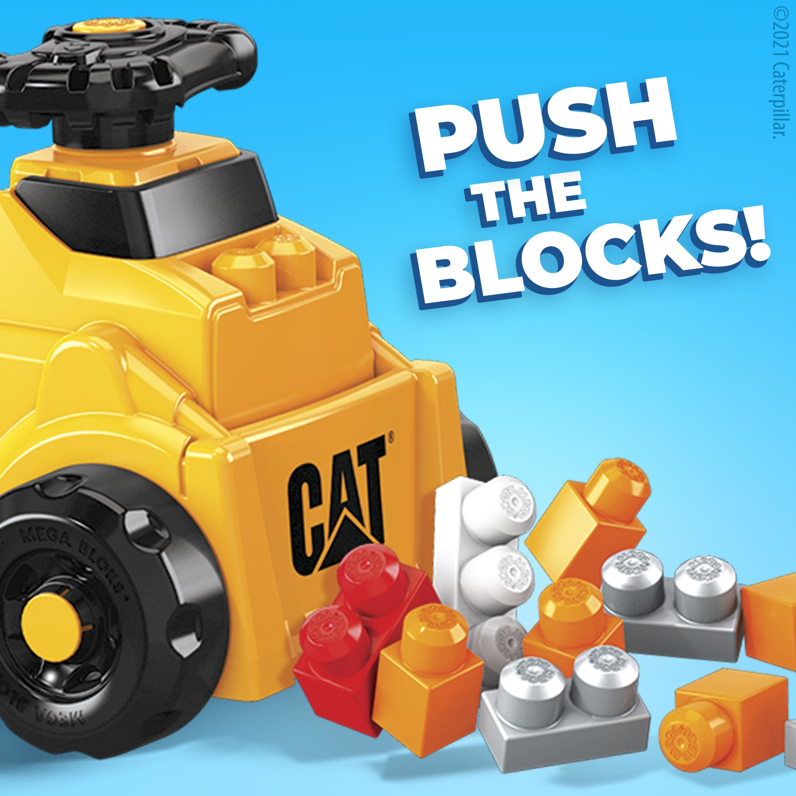 Auto giocattolo CAT giallo, blocchi e testo: SPINGI I BLOCCHI!