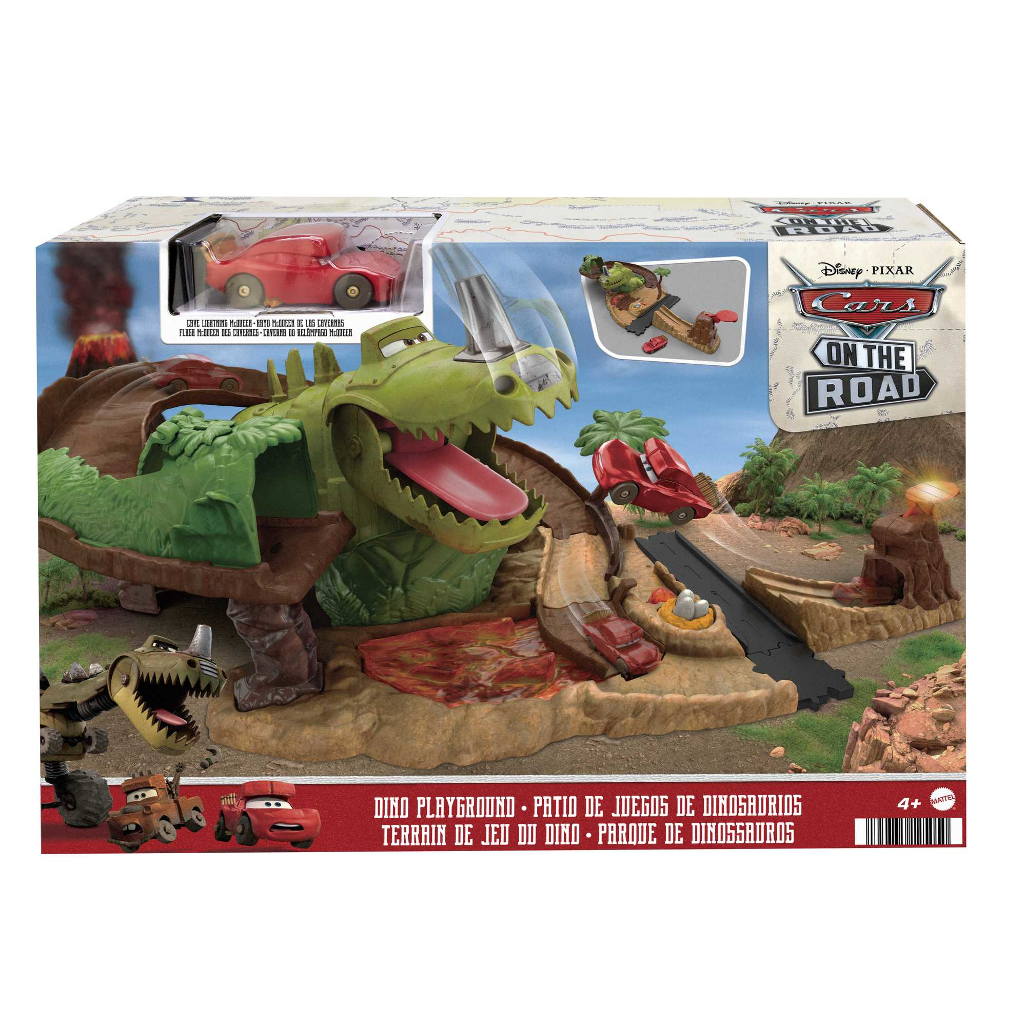 Spielset mit Cars-Charakteren und einem Spielplatz im Dinosaurier-Thema.