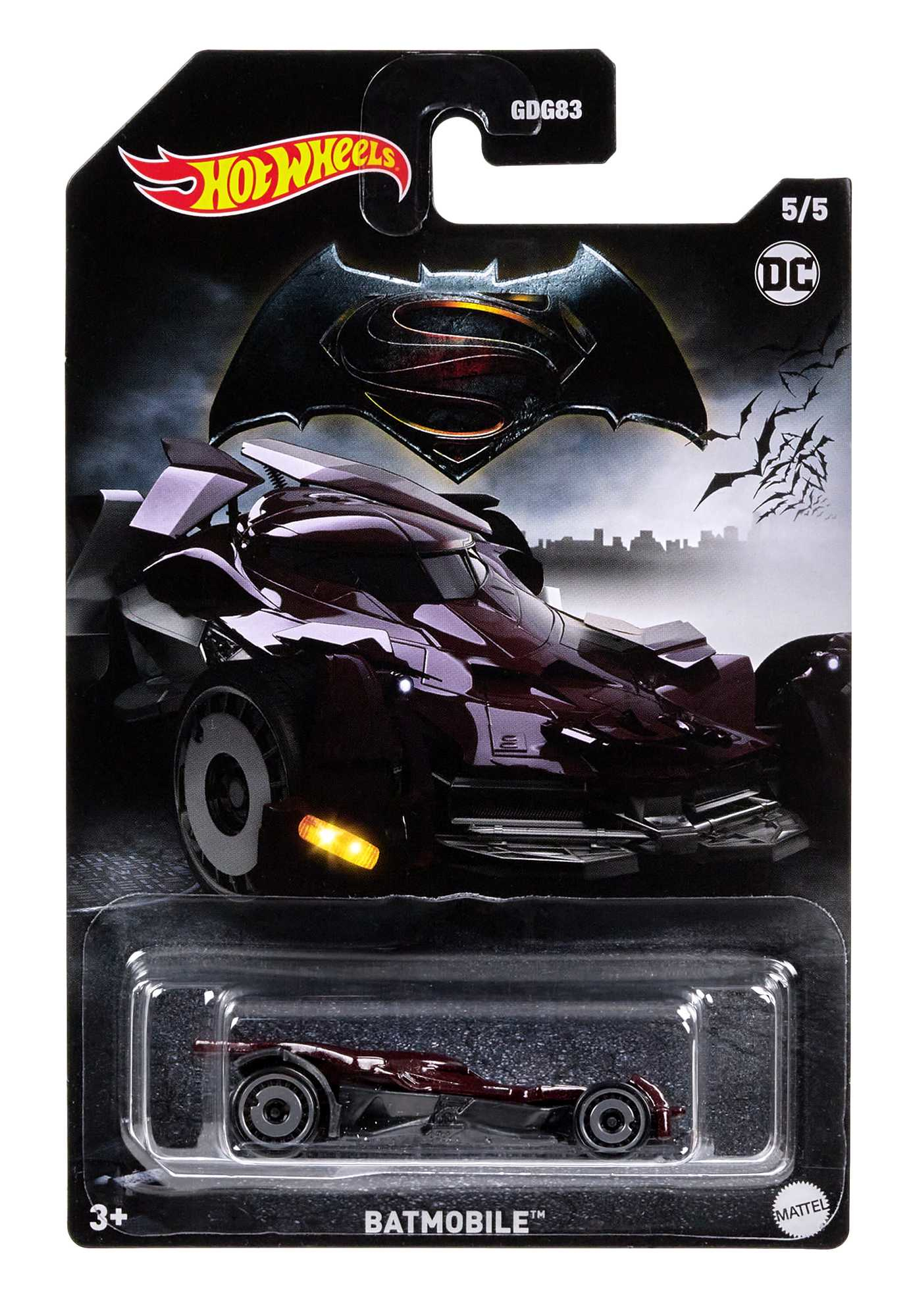 Zestaw samochodzików Hot Wheels Batmobile, bordowo-czarna kolorystyka, futurystyczny design.