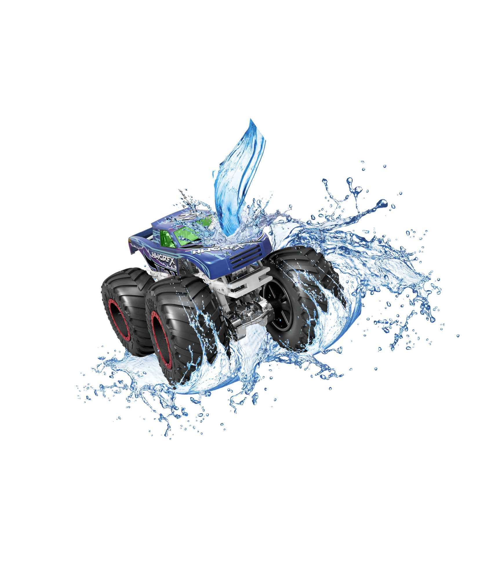 Zabawka monster truck z wodą wokół.