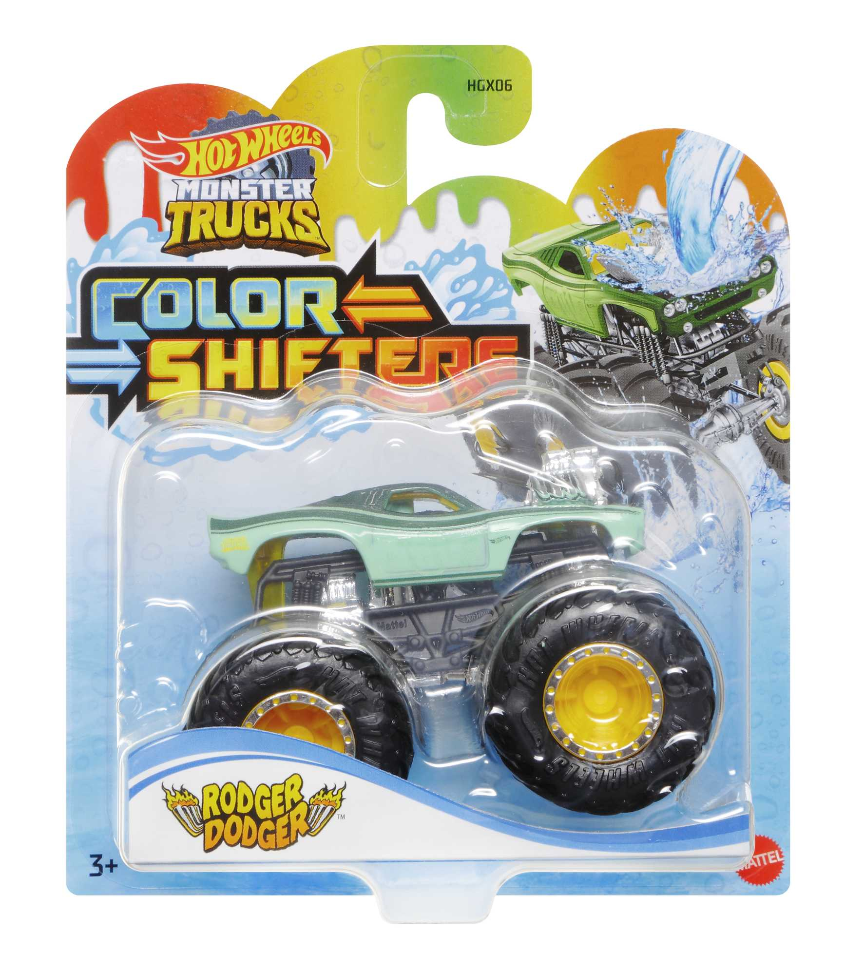 Zielono-żółty Hot Wheels Monster Truck 'Rodger Dodger' w blistrze z grafiką rozprysków wody.