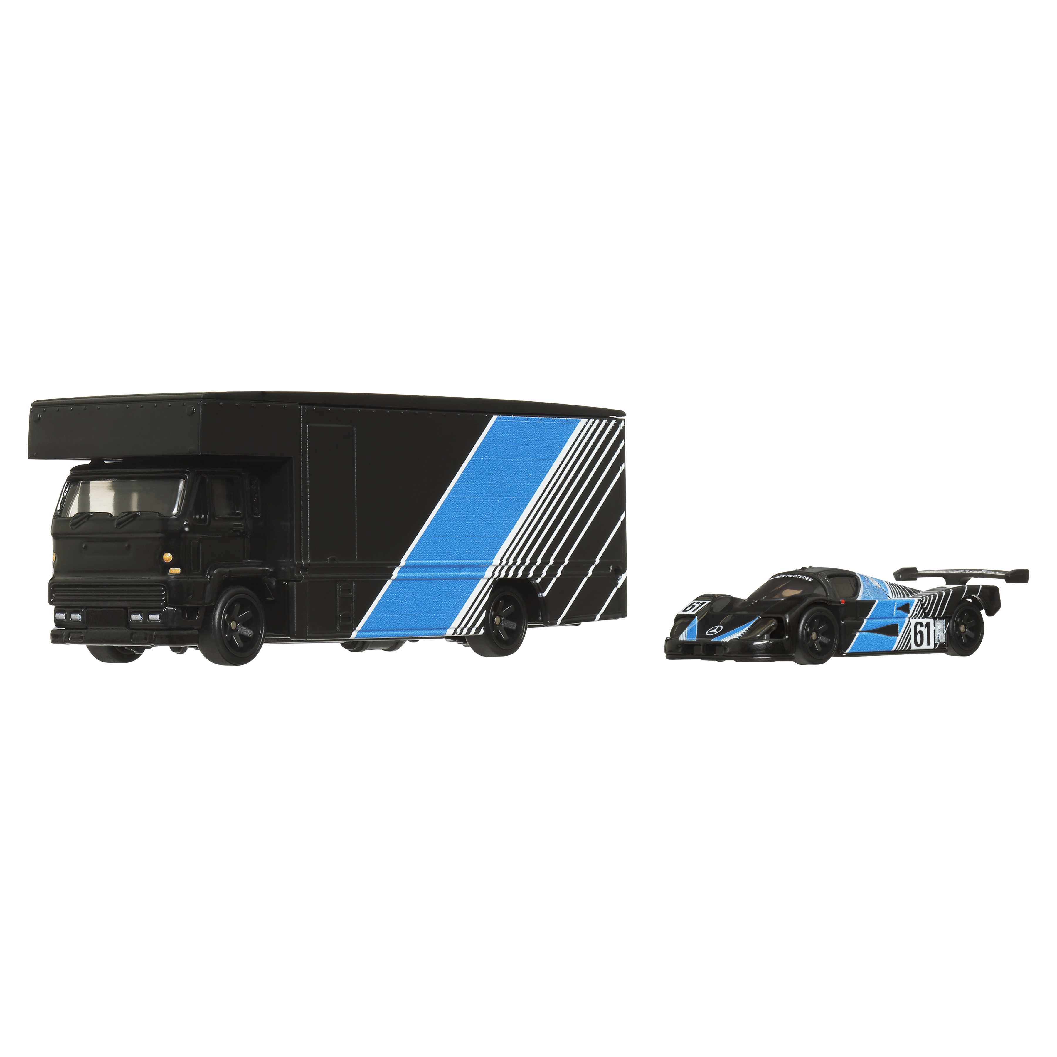 Ein schwarzer LKW und ein blau-schwarzes Spielzeug-Rennauto.