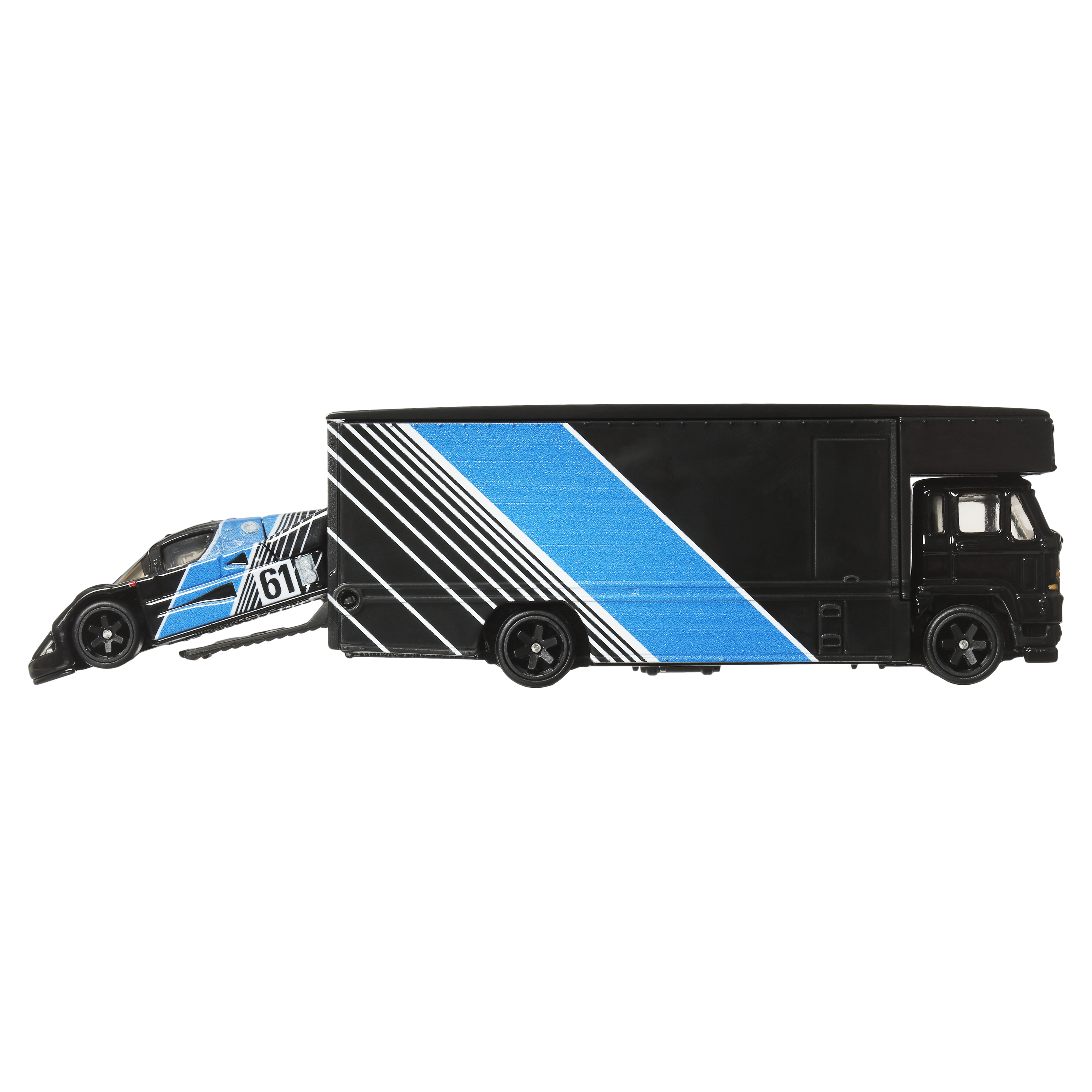 Ein schwarzer LKW mit blauem und weißem Streifen und ein blaues Auto, das verladen wird.