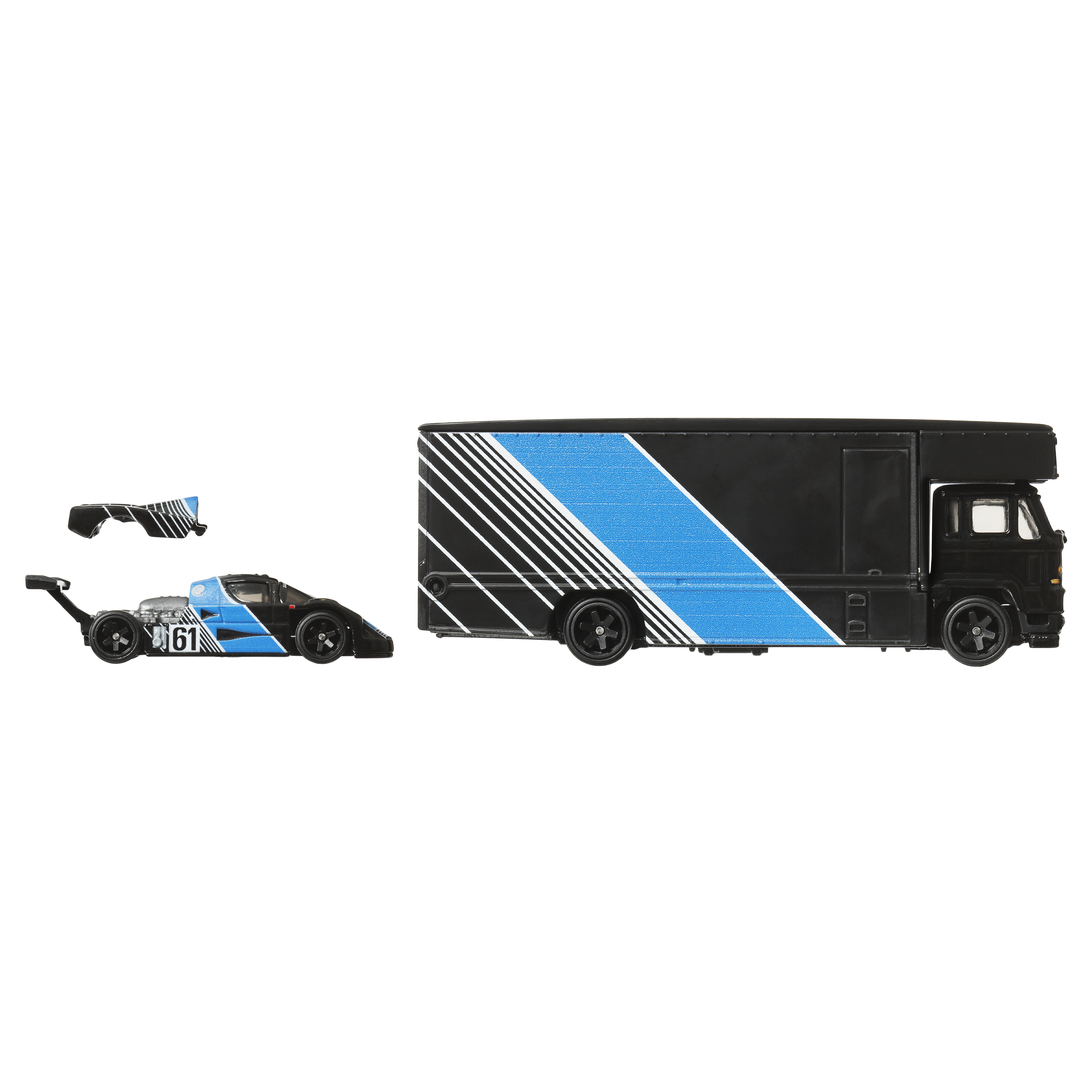Ein schwarzer LKW mit blauem und weißem Streifen und ein blau-schwarzes Rennauto.