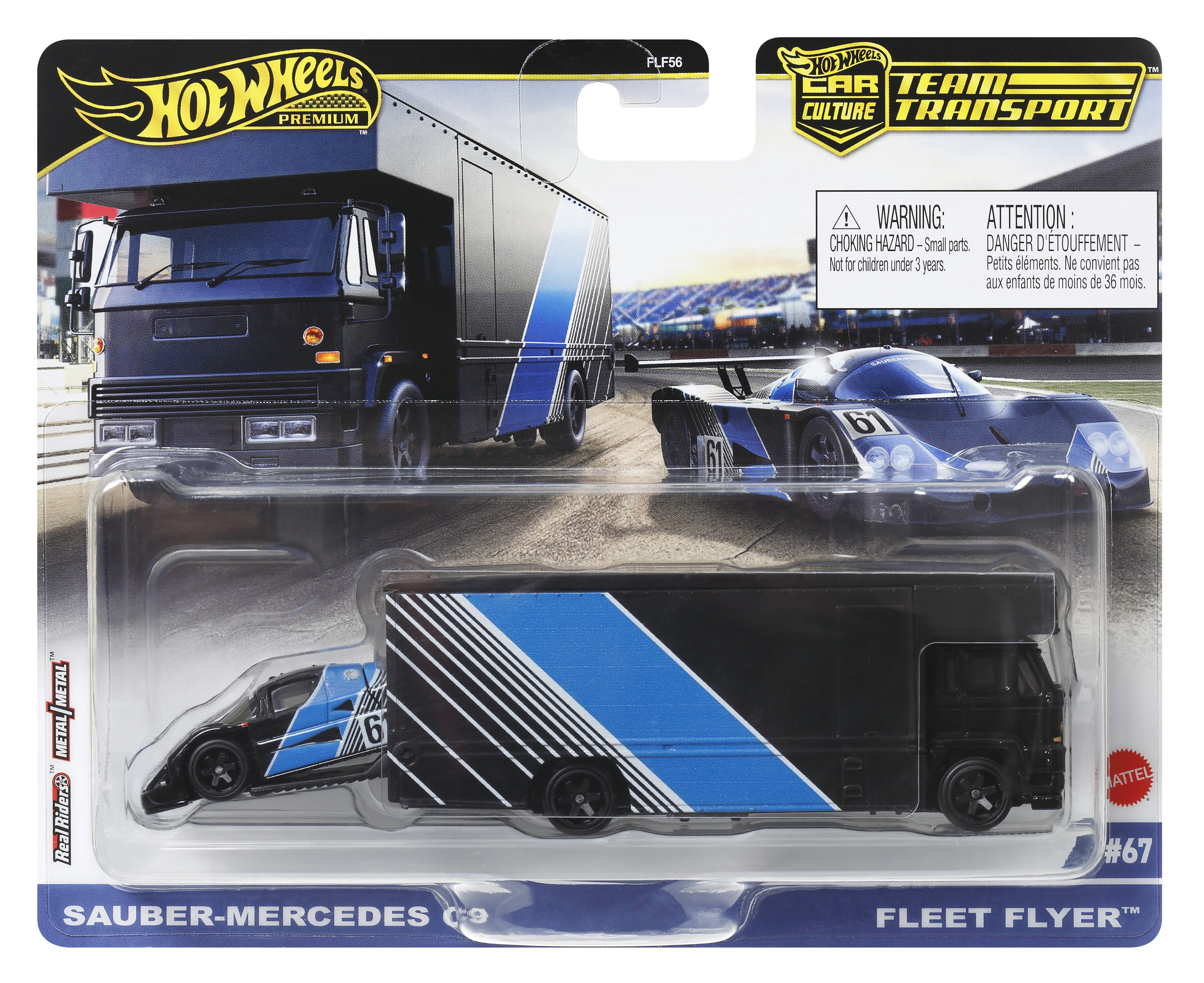 Ein Hot Wheels Spielzeugset mit einem schwarzen Lastwagen und einem blau-schwarzen Rennwagen.