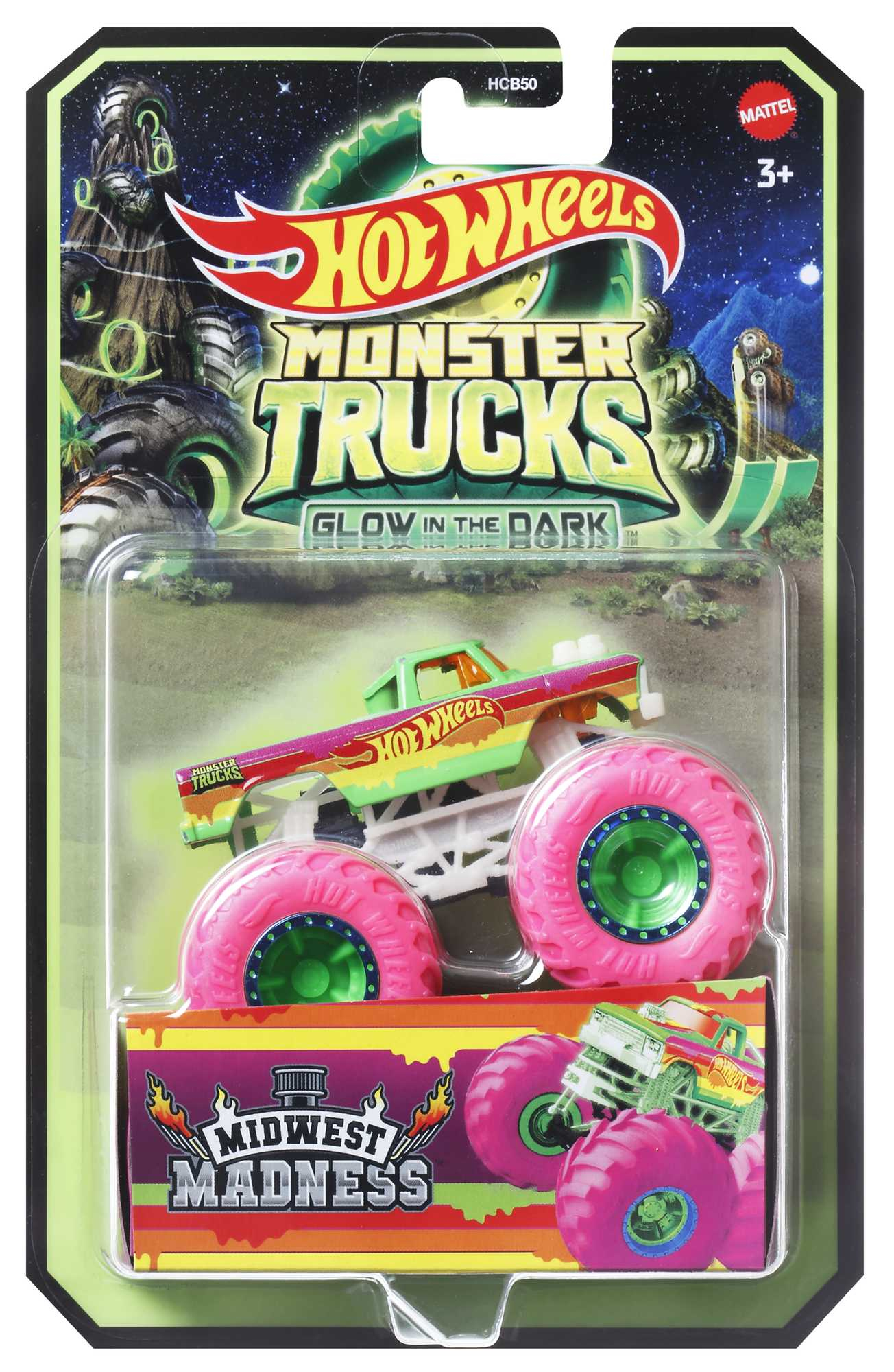Zabawka Hot Wheels Monster Trucks w opakowaniu, przedstawiająca zielonego i różowego monster trucka.