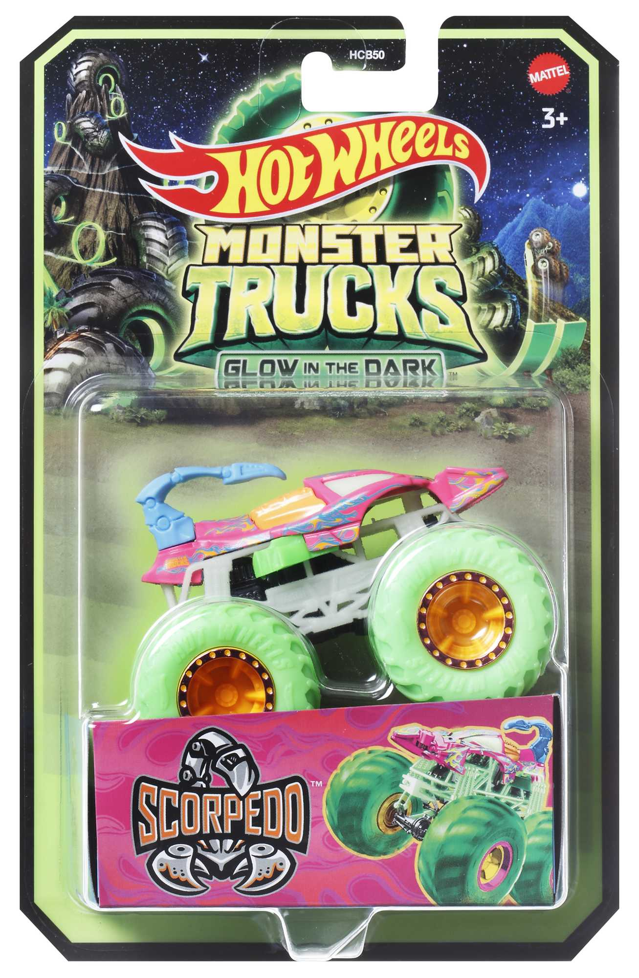 Zabawka Hot Wheels Monster Trucks. Różowy i zielony truck na ekspozycji. Zielone opony.