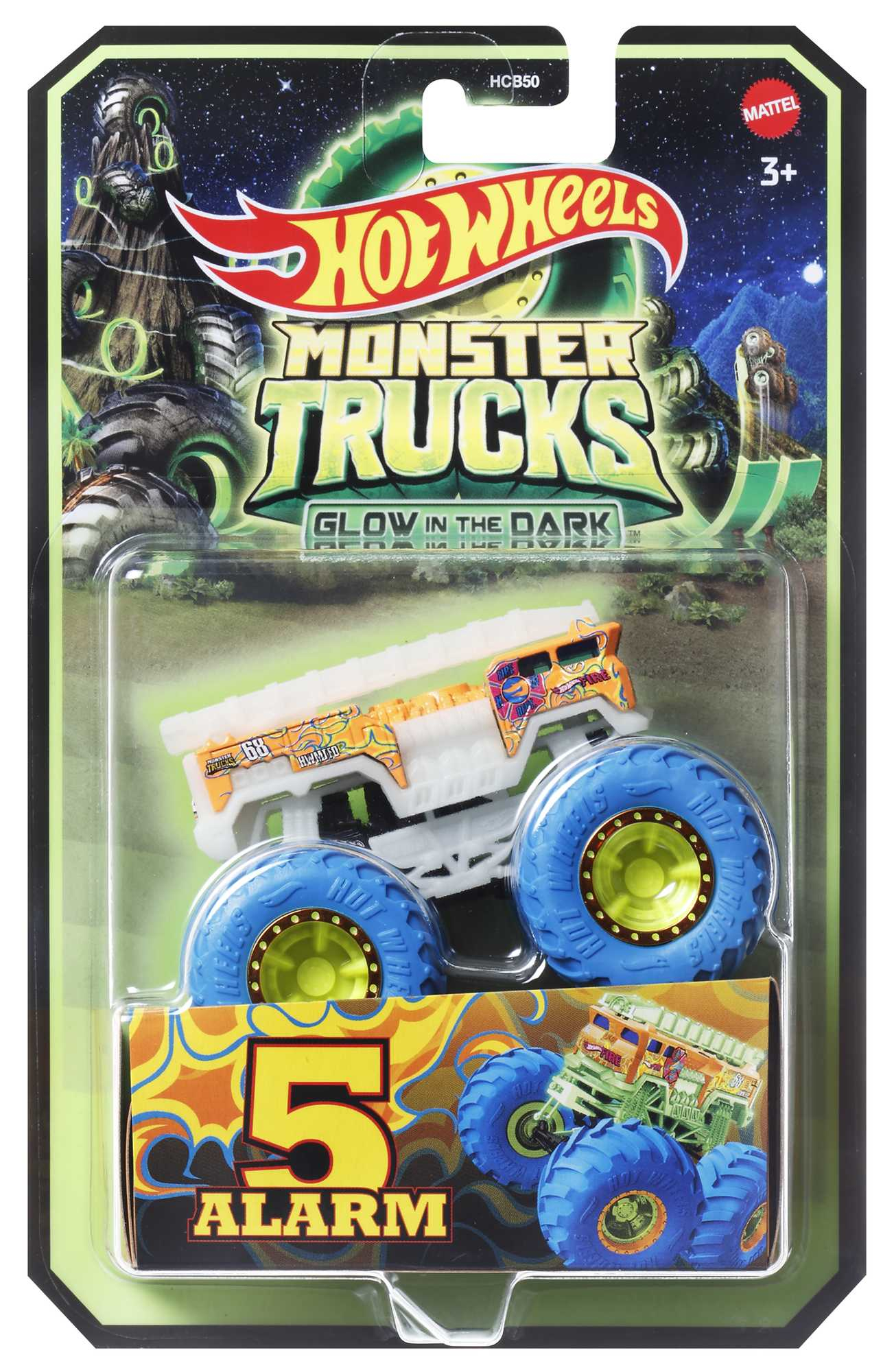 Hot Wheels Monster Trucks w opakowaniu z zabawką w postaci potwora. Opakowanie jest na zielonym tle.