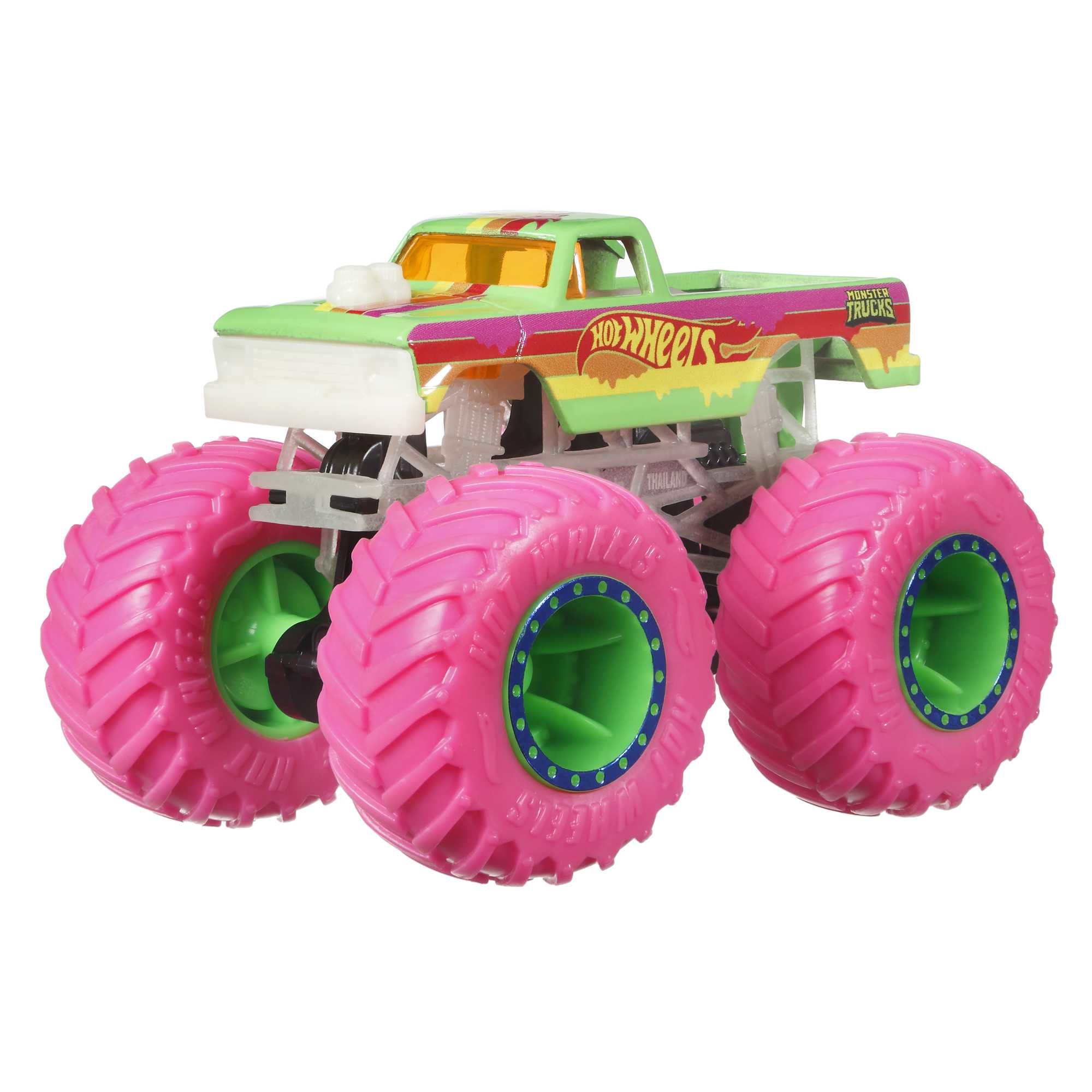 Hot Wheels monster truck z różowymi oponami, zielonymi felgami i kolorowym designem.