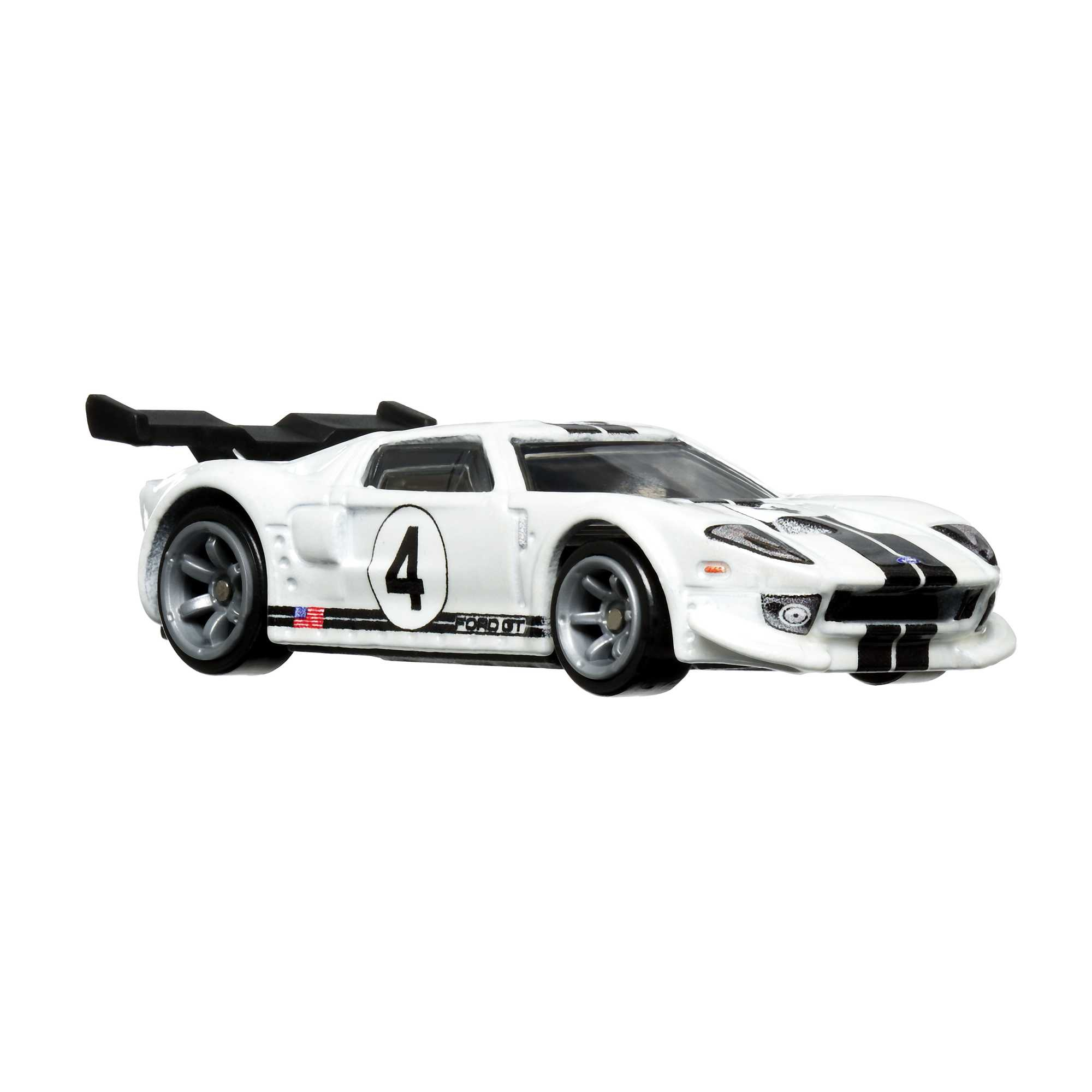 Ein weißes Ford GT Spielzeugauto mit schwarzen Rennstreifen und der Nummer 4.