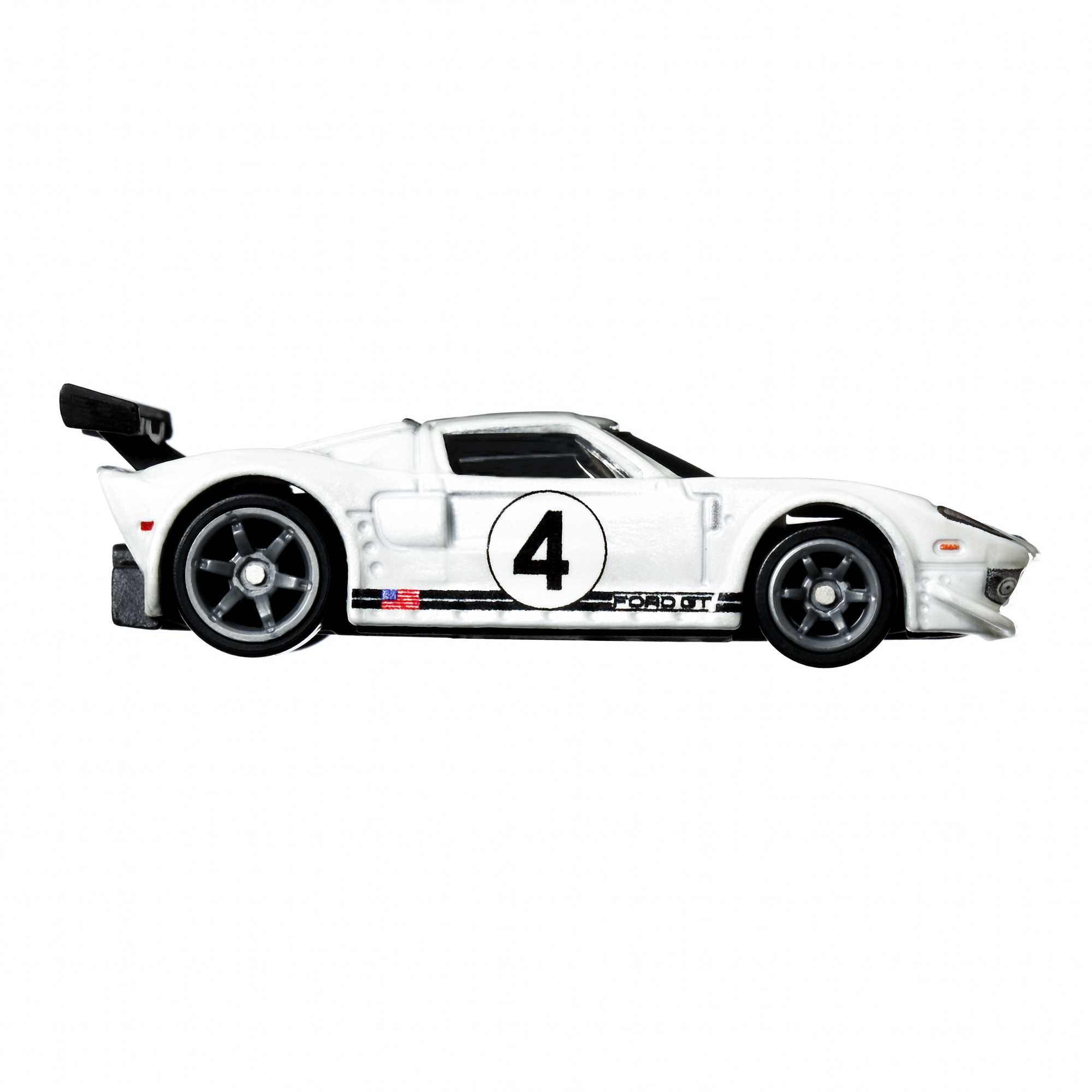 Ein weißes Ford GT Spielzeugauto mit der Nummer 4 und Renndetails.