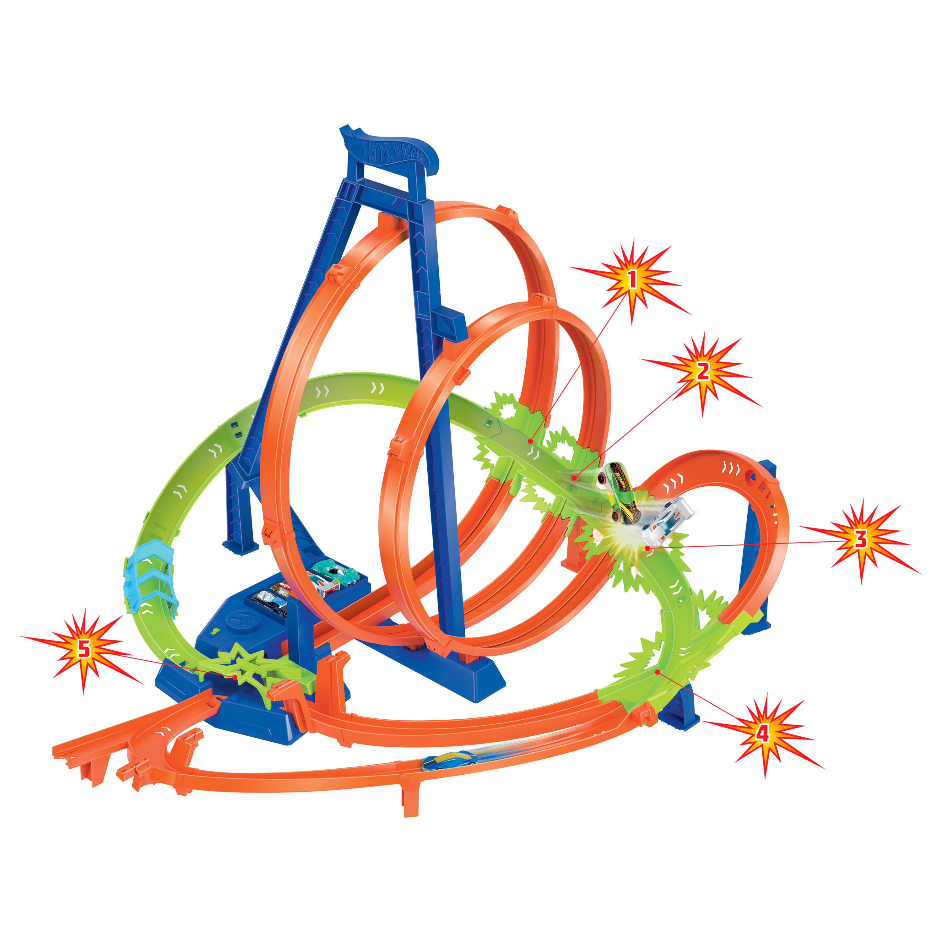 Tor Hot Wheels z samochodami i pętlami. Samochody ścigają się po pomarańczowym i zielonym torze.