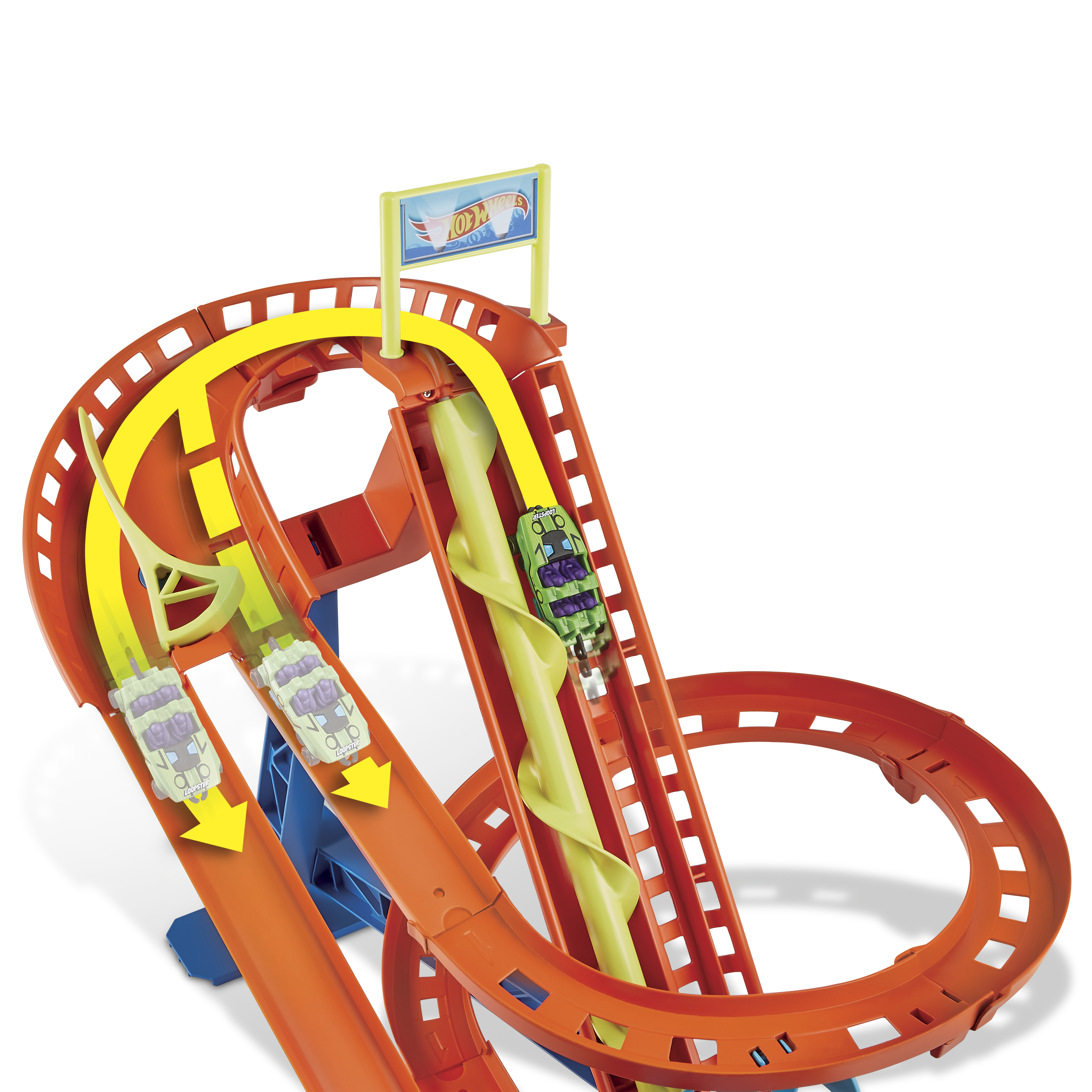 Pista Hot Wheels con auto. Le auto corrono sulla pista arancione, giù per una rampa.
