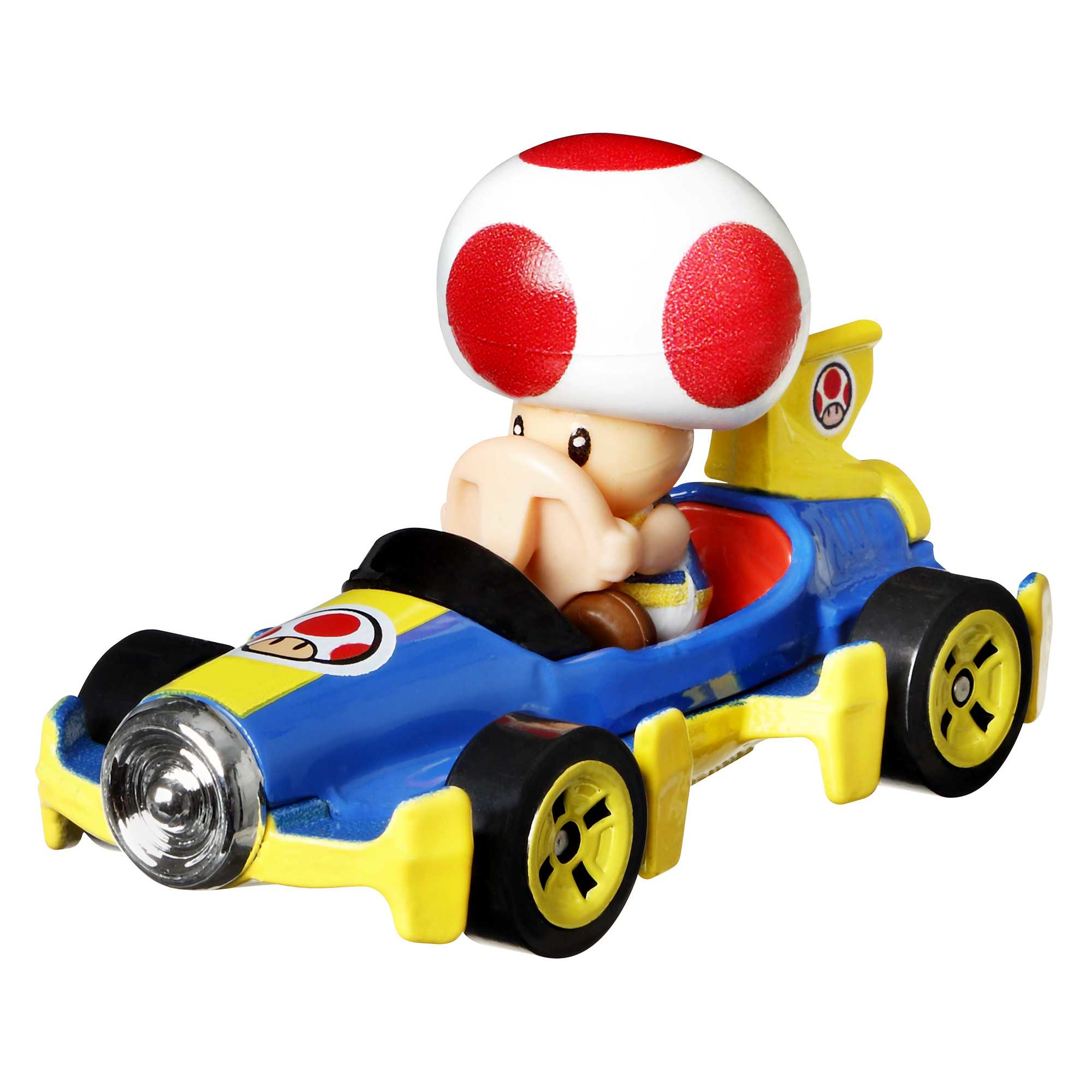 Zabawkowy samochód Mario Kart z figurką Toada za kierownicą. Niebieski i żółty samochód.