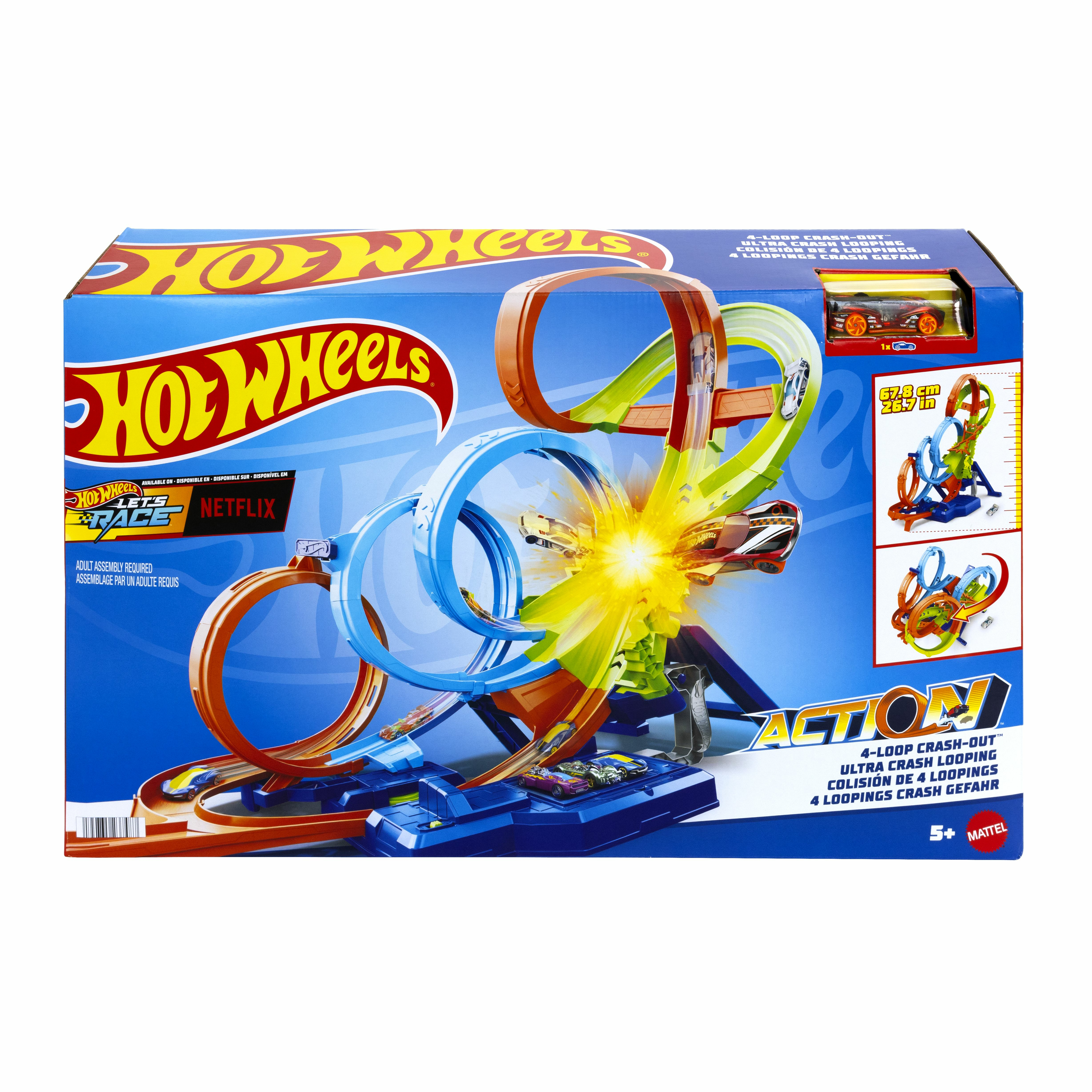 Ein Hot Wheels Spielzeugset mit Loopings und einem Auto, auf weißem Hintergrund.