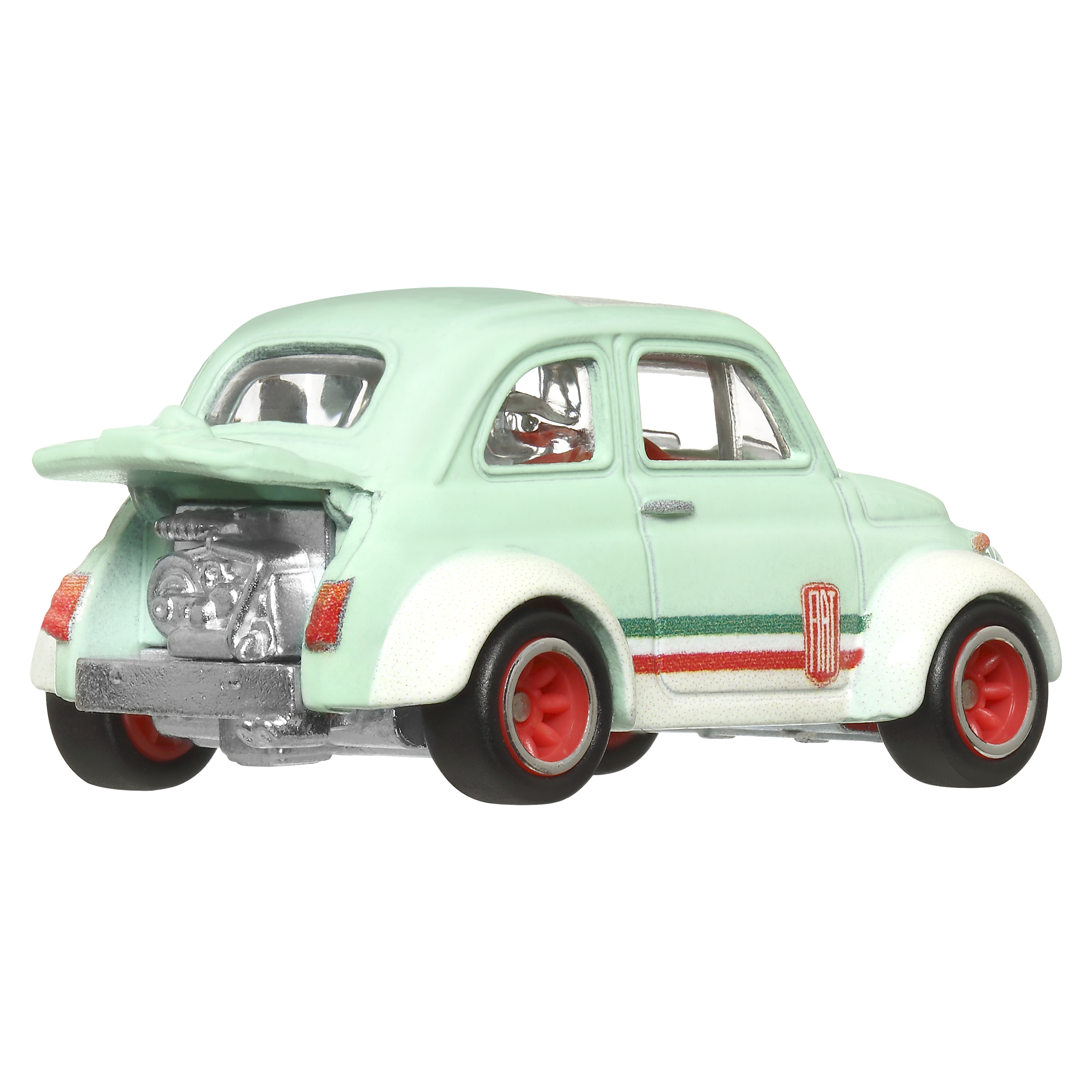 Zielono-biały zabawkowy Fiat z otwartym tyłem, pokazujący silnik.