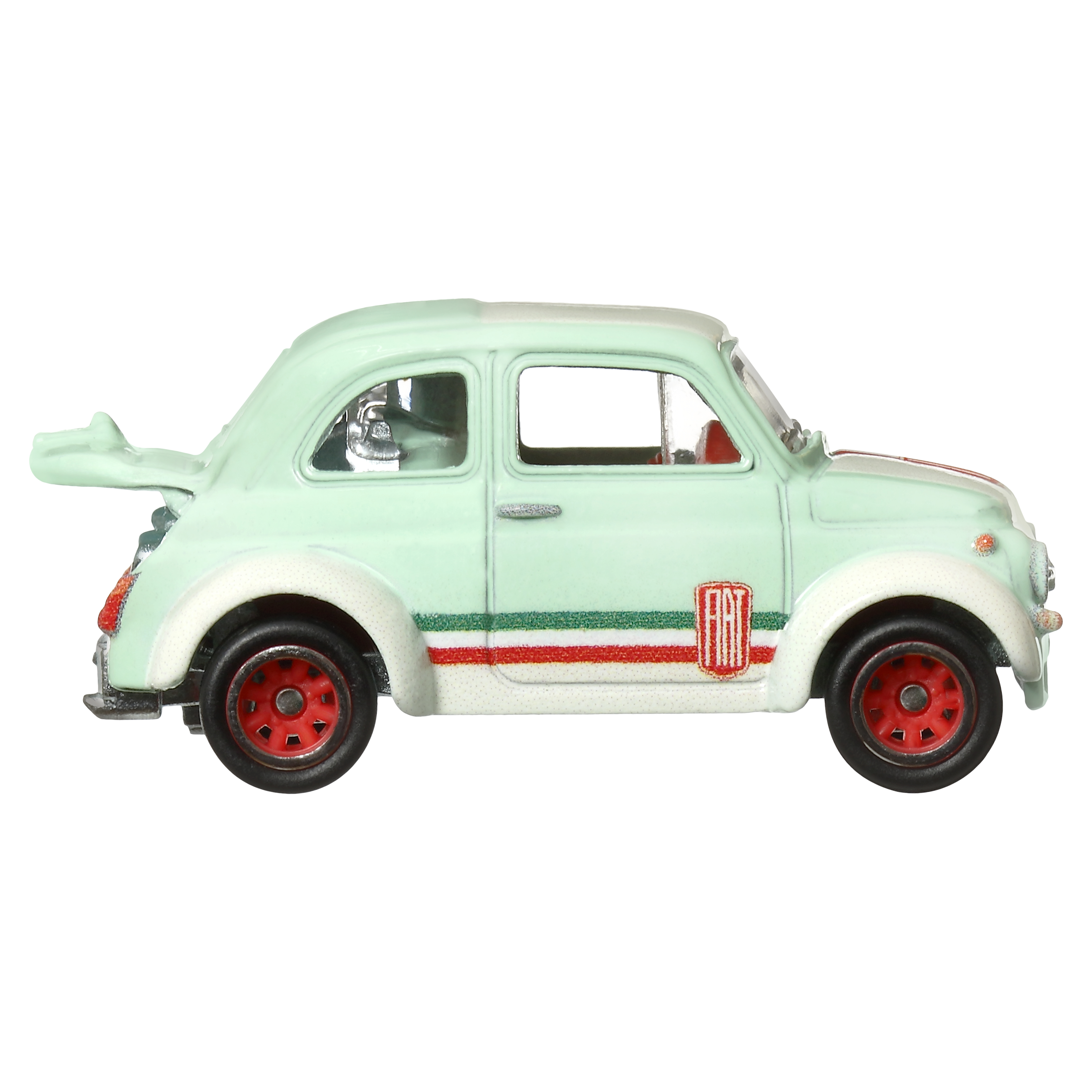 Zielono-biały zabawkowy Fiat ze spojlerem i czerwonymi kołami.