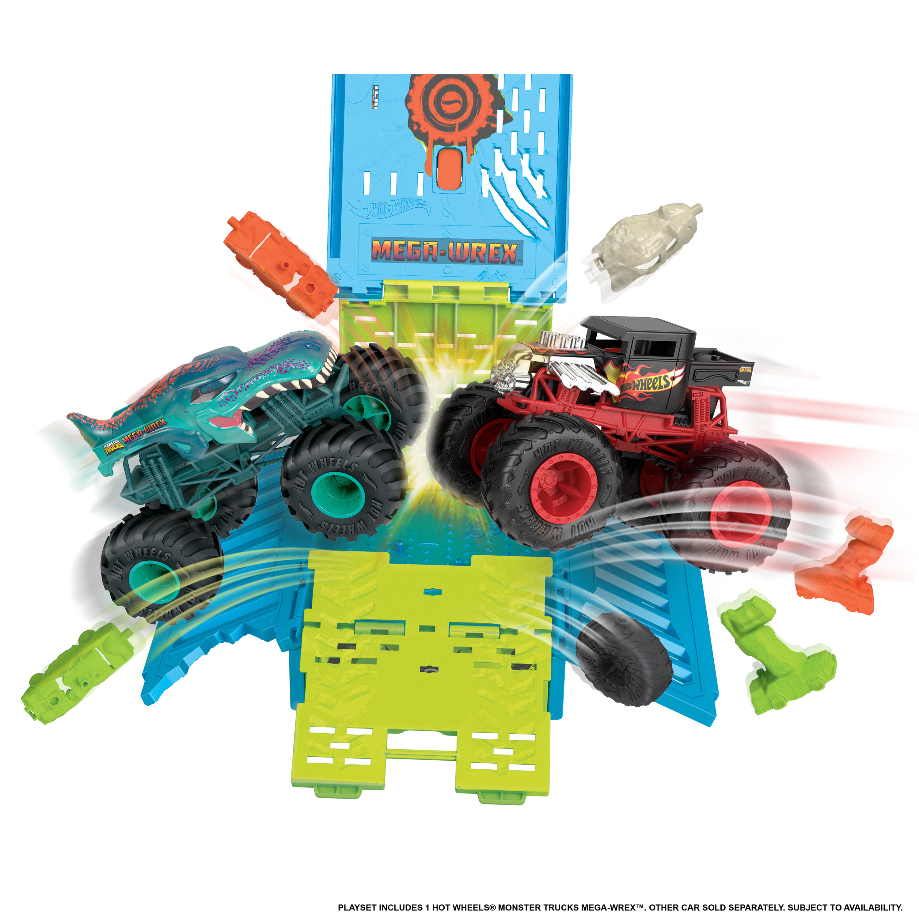 Monster-Truck-Spielzeugset mit zwei Trucks, Rampe und Zubehör, auf weißem Hintergrund.