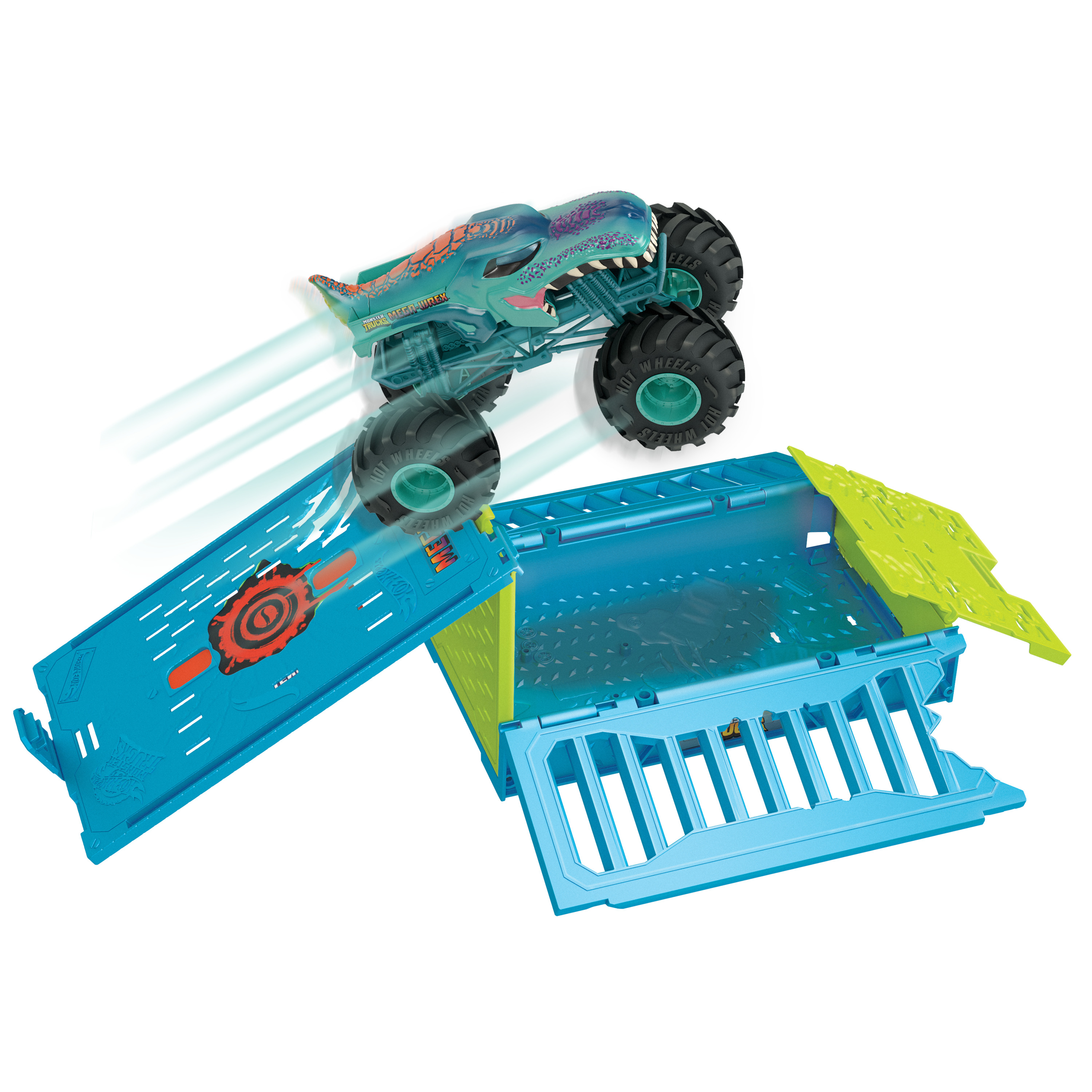 Monstertruck-Spielzeug springt über eine Rampe. Der Truck ist türkis mit Haifisch-Details. Eine blaue Rampe ist im Bild.