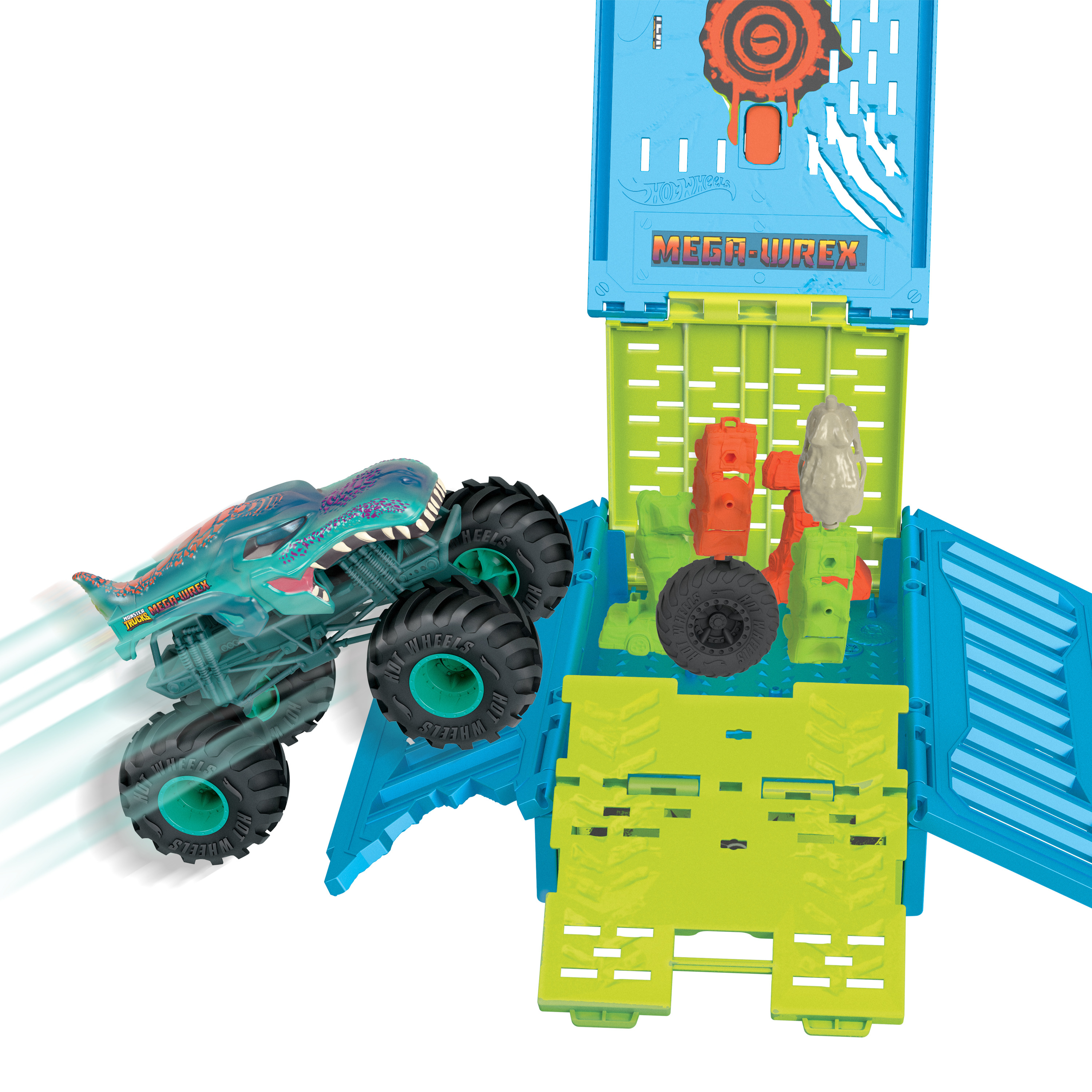 Grüner Monster-Truck-Spielzeug mit blauem Käfig. Dinosaurier-Details, weißer Hintergrund.