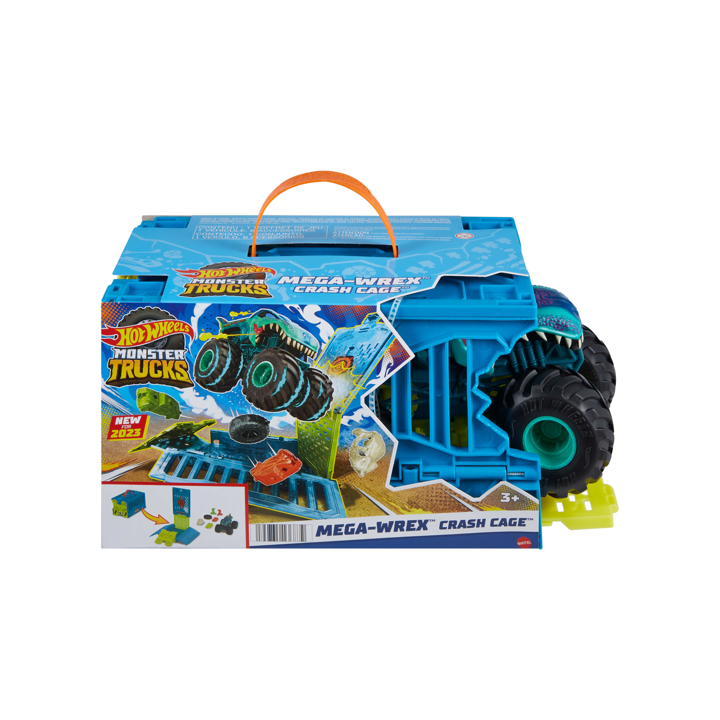 Hot Wheels Monster Trucks Mega-Wrex Crash Cage Set, blaue Käfig, mit Spielzeug-Truck drin.