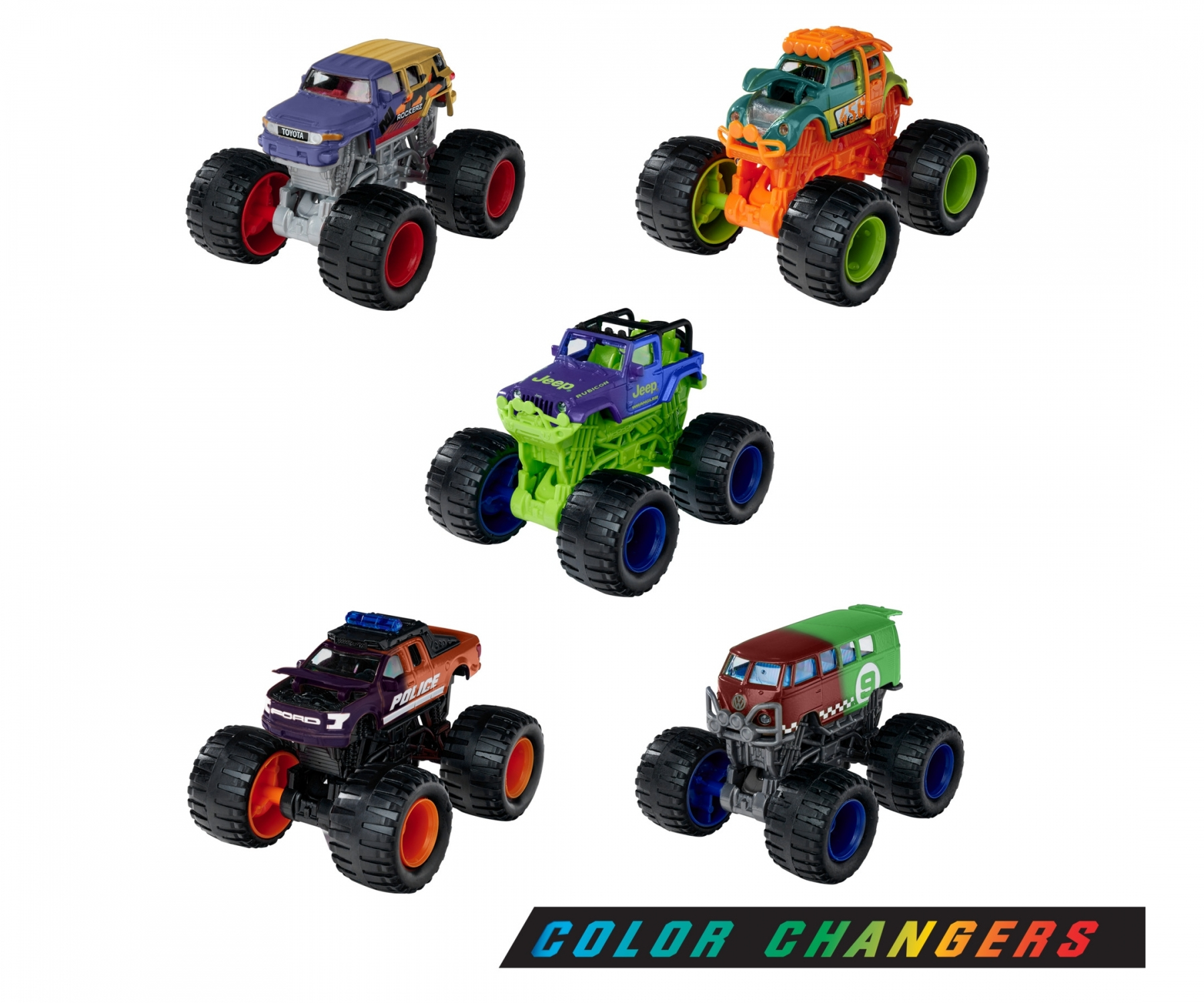 Fünf Monstertrucks in verschiedenen Farben. Der Text 'COLOR CHANGERS' steht unten.