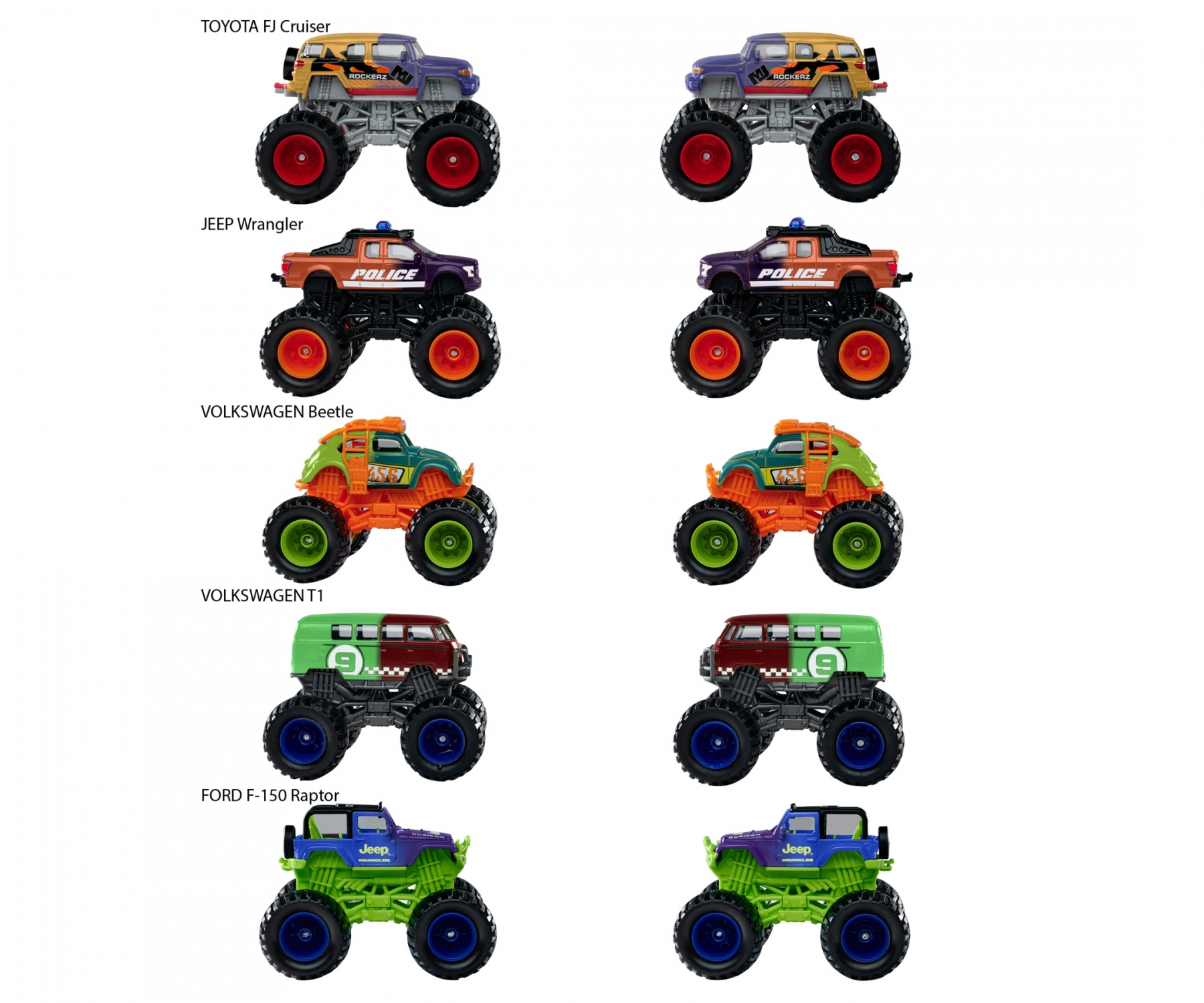 Monster-Truck-Spielzeuge: Toyota, Jeep, VW, Ford. Verschiedene Farben, große Reifen, detailliert.