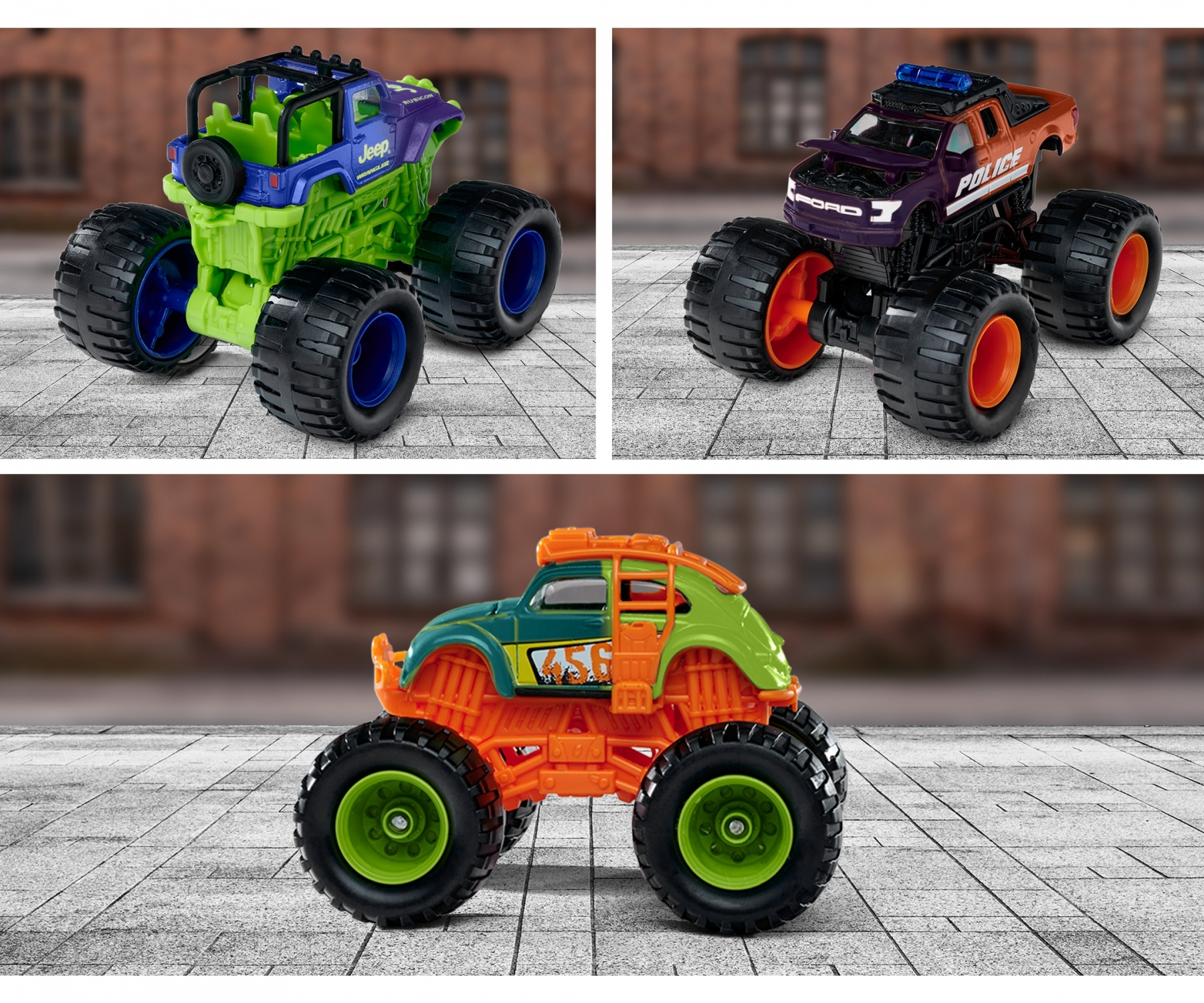 Drei Monster Trucks mit unterschiedlichen Designs. Einer ist grün und lila, einer lila und orange, der andere grün und orange.