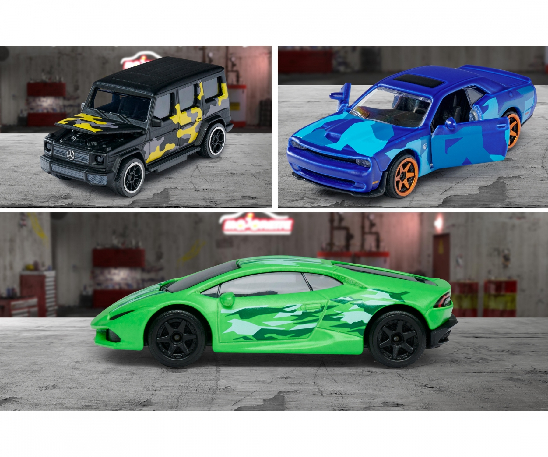 Trzy zabawki samochodowe: czarny Mercedes, niebieski samochód w kamuflażu, zielony samochód w kamuflażu.