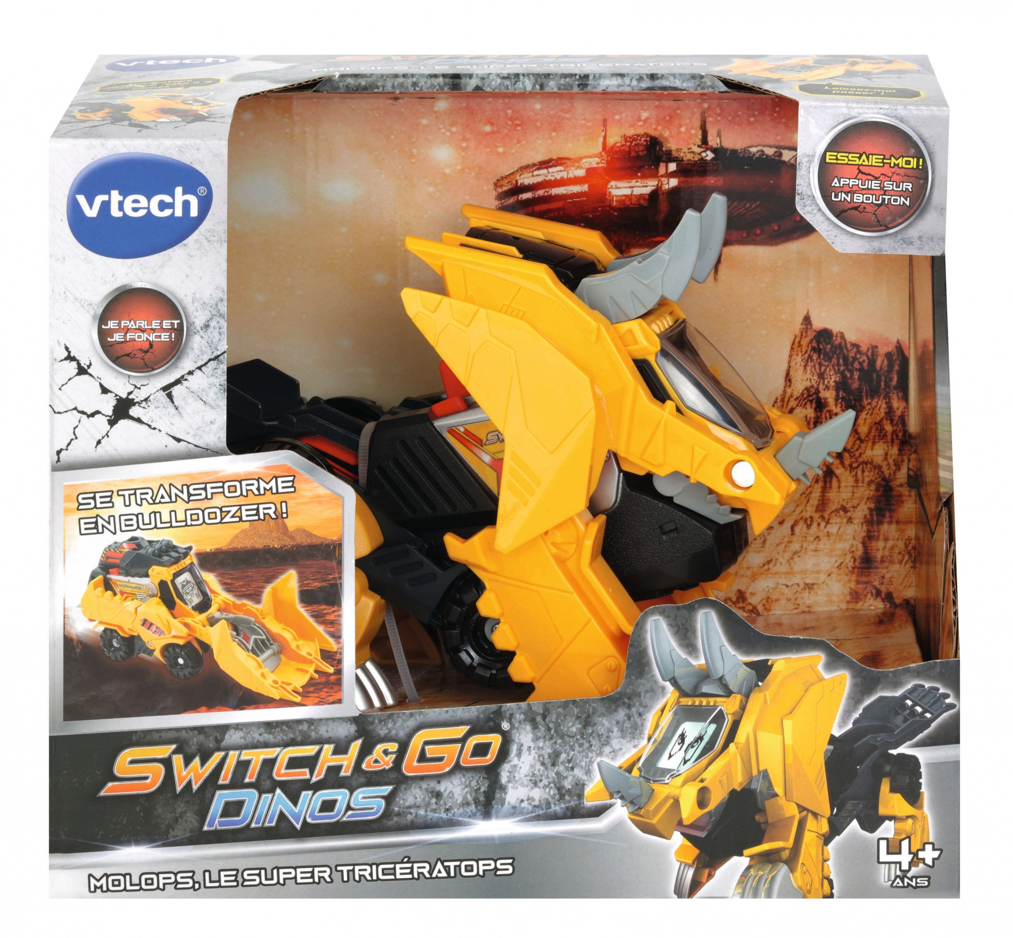 Gelbes Vtech Spielzeug in einer Box, das sich in einen Bulldozer verwandelt.