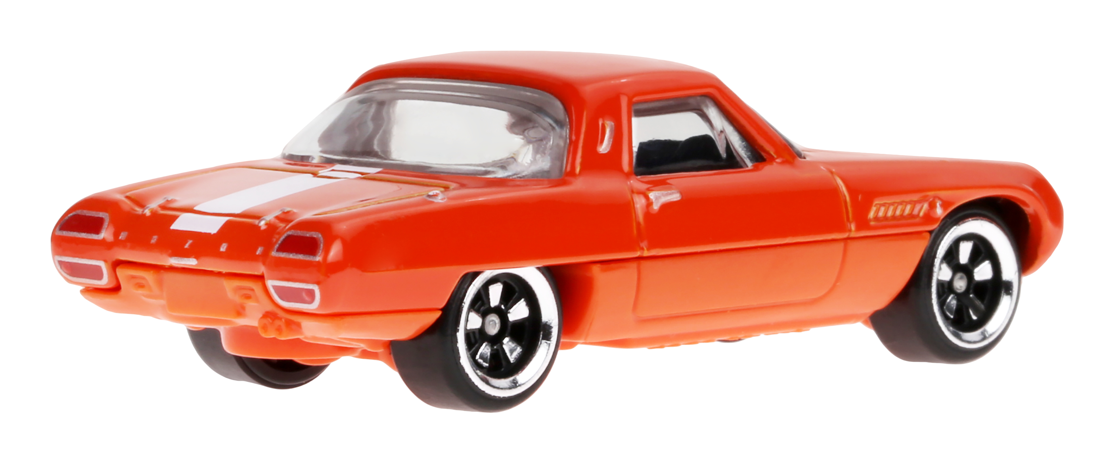 Coche de juguete naranja con raya blanca, ruedas negras y llantas cromadas. Es un coche de estilo vintage.